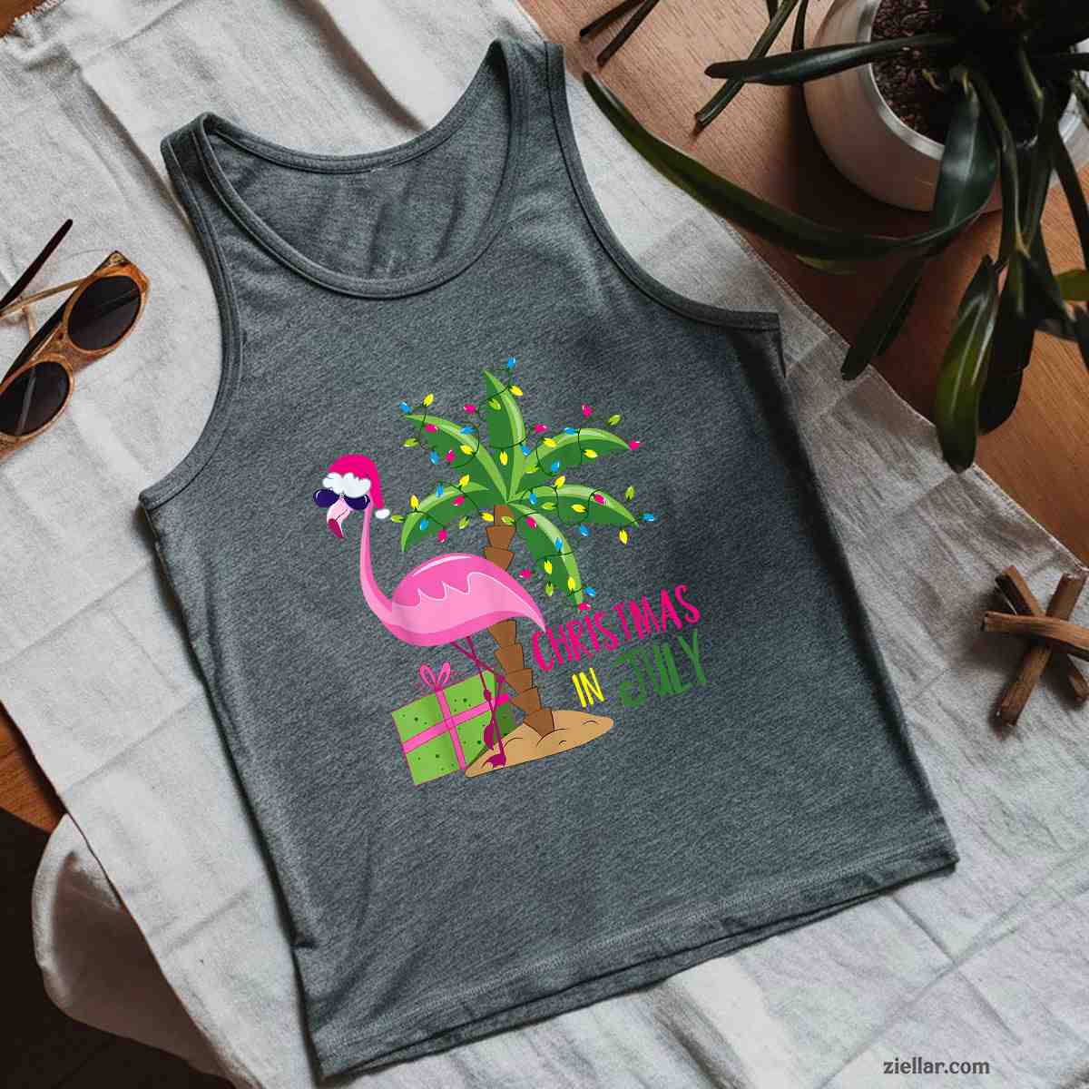 Flamingo Sunglasses Xmas Beach Tropical Christmas in July Tank Top Shirt Funny Christmas in July Tee and Tank Top Shirt for Men Women Adults