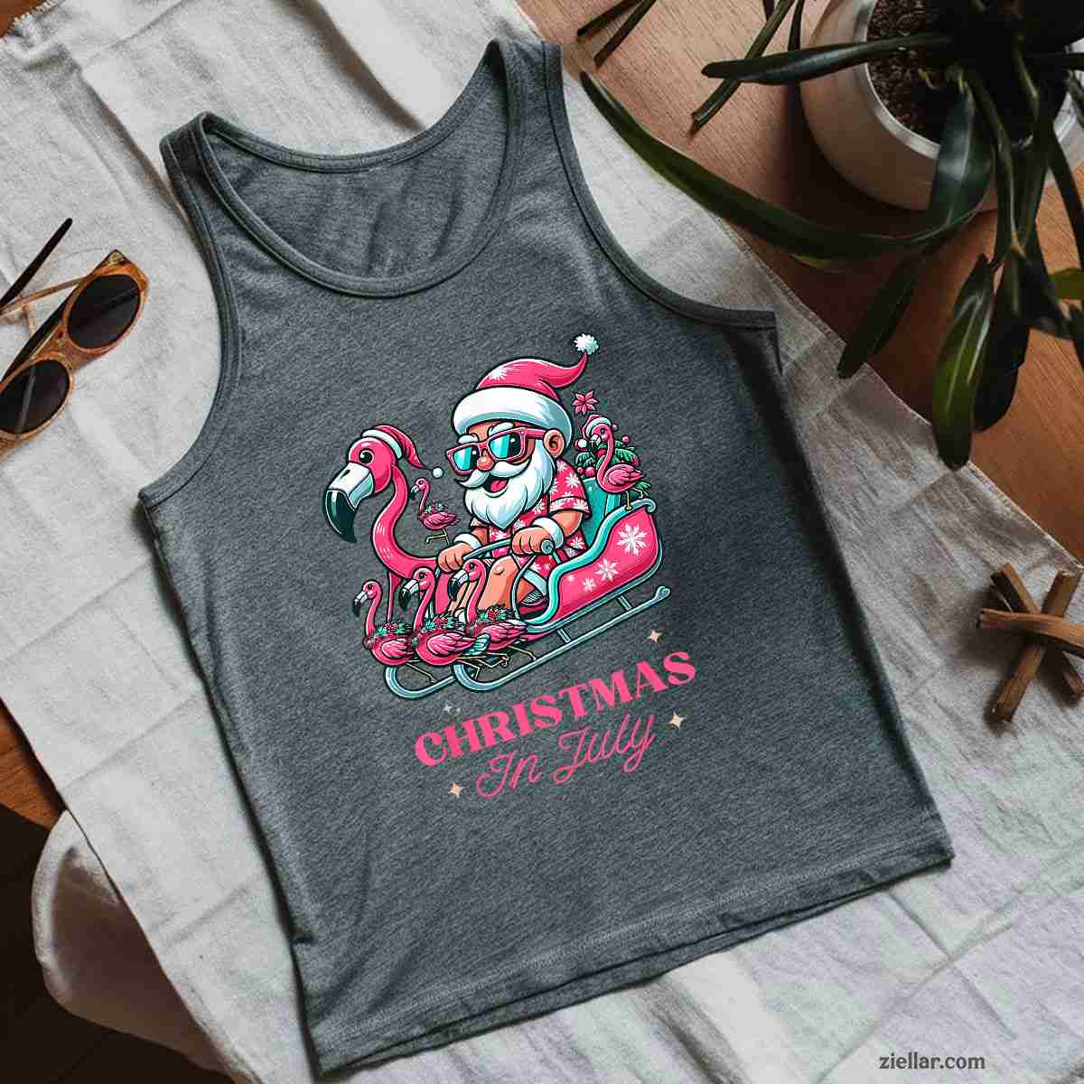 Funny Christmas in July Summer Santa Flamingo Sleigh Xmas Tank Top Shirt Funny Christmas in July Tee and Tank Top Shirt for Men Women Adults