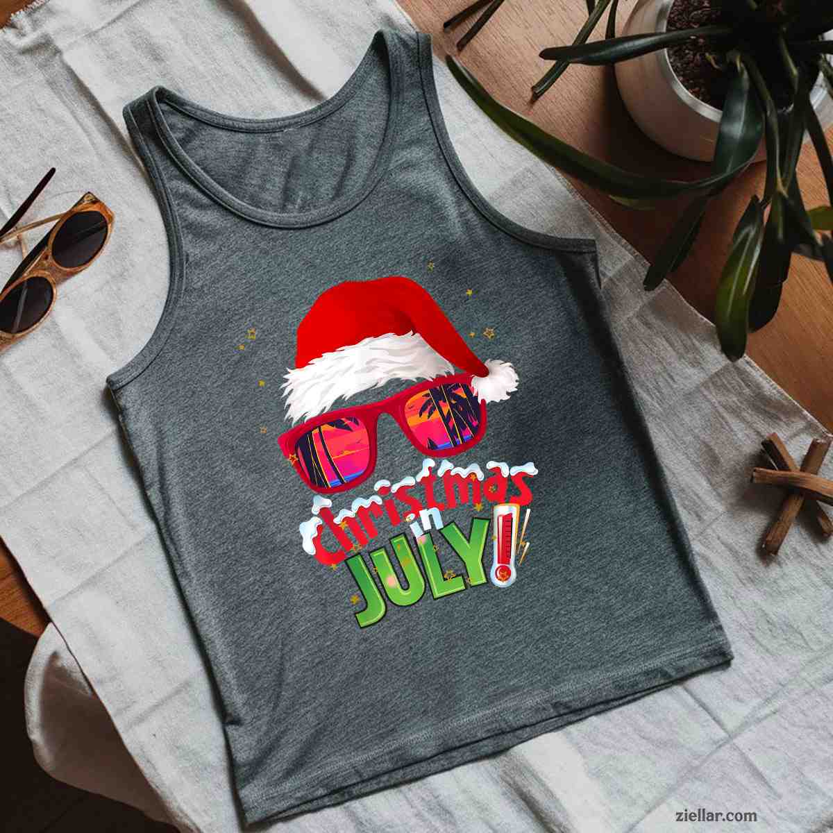Funny Christmas in July Shirt Summer Santa Sunglasses Xmas Tank Top Shirt Funny Christmas in July Tee and Tank Top Shirt for Men Women Adults