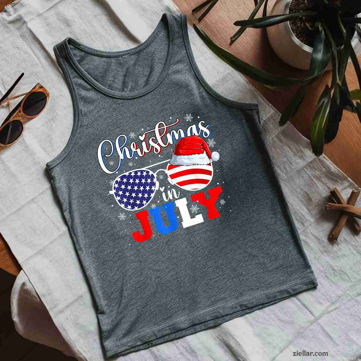 Christmas In July Santa Hat Sunglasses USA Flag 4th of July Tank Top Shirt Funny Christmas in July Tee and Tank Top Shirt for Men Women Adults