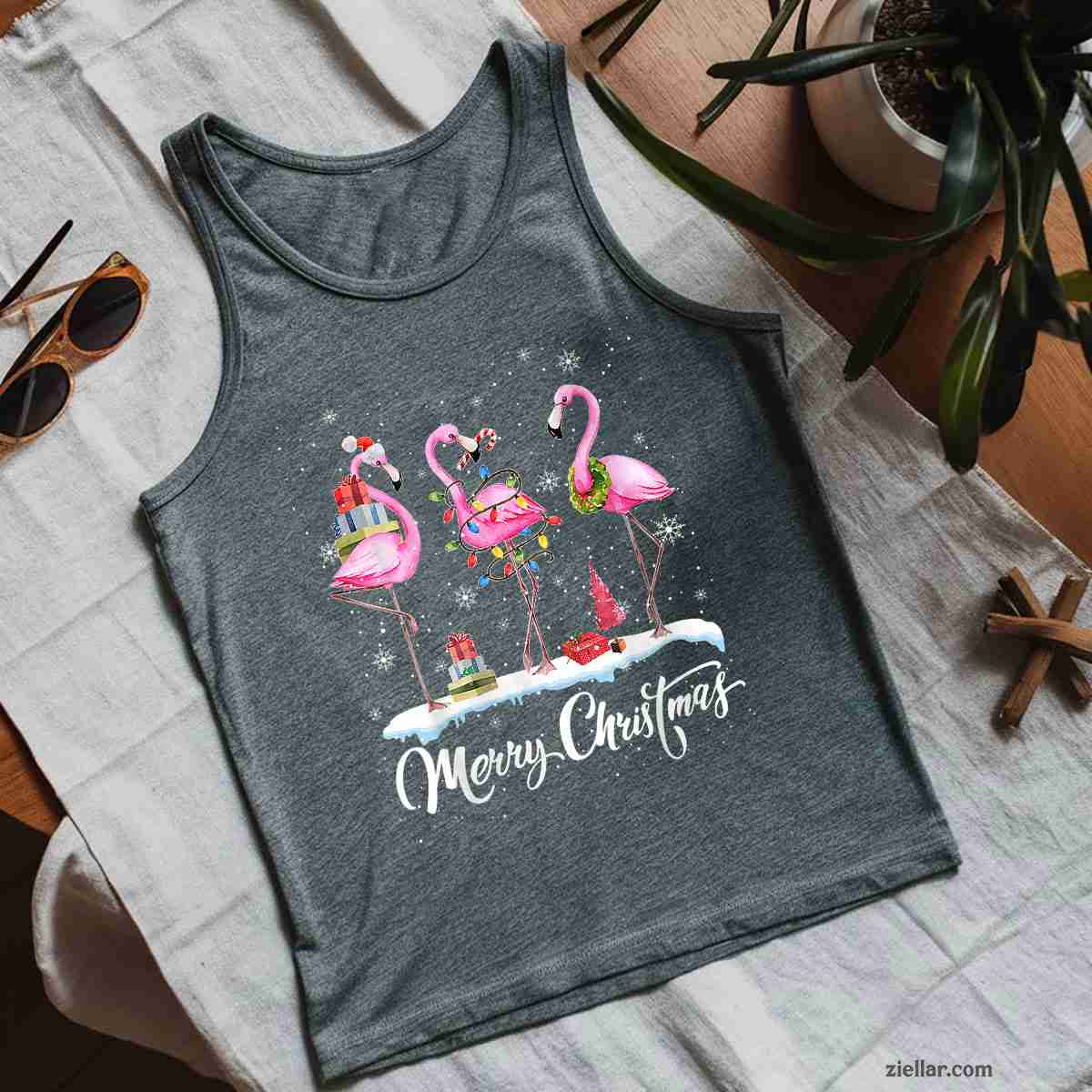 Merry Christmas Hat Santa Flamingo Light Christmas In July Tank Top Shirt Funny Christmas in July Tee and Tank Top Shirt for Men Women Adults