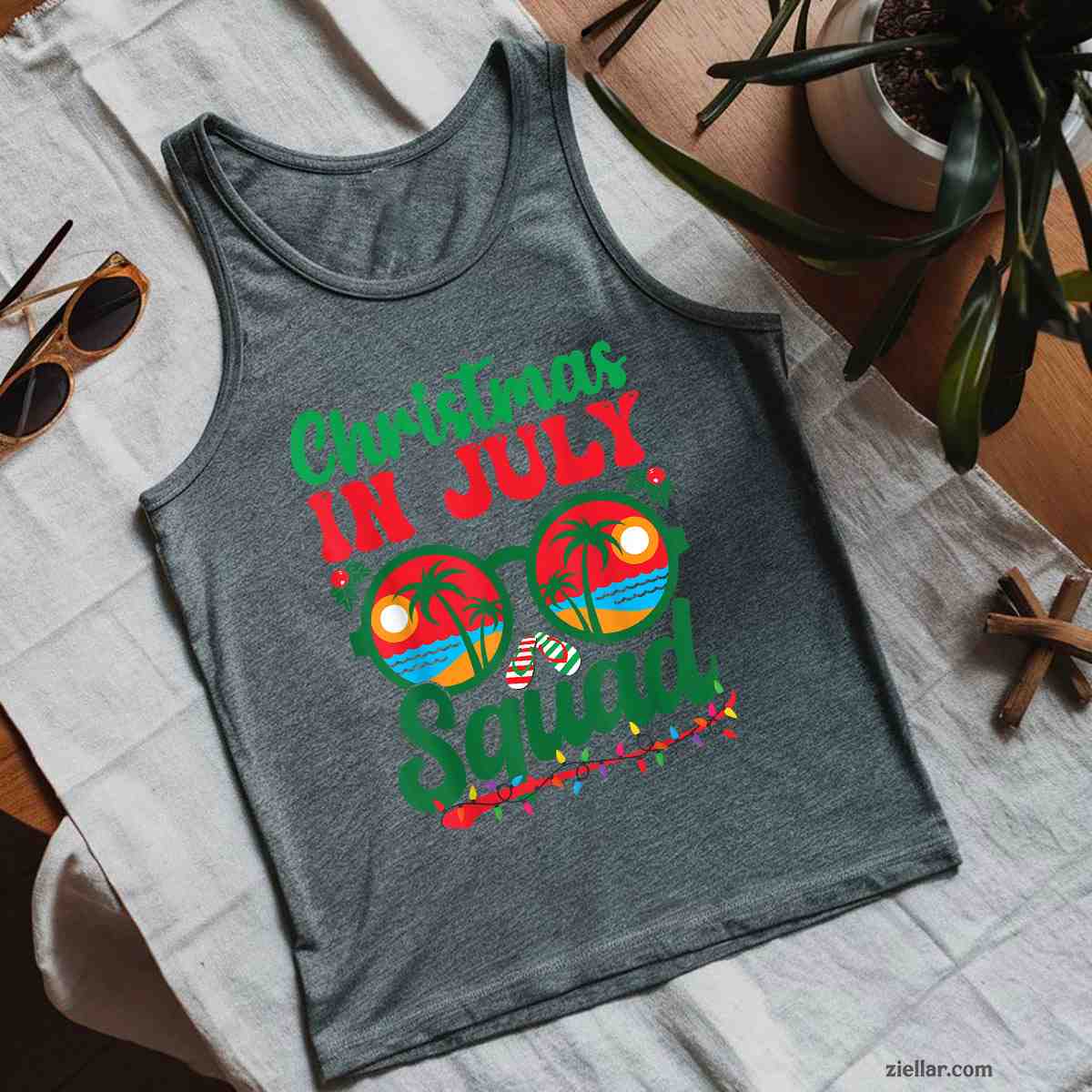 Christmas In July Squad Retro Sunglass Palm Tree Summer Xmas Tank Top Shirt Funny Christmas in July Tee and Tank Top Shirt for Men Women Adults