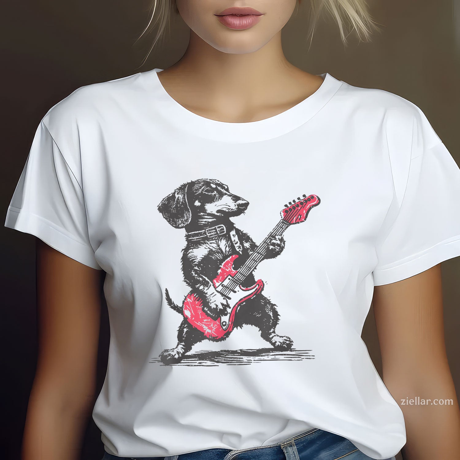 vintage dachshund weenie playing guitar Tee and T-Shirt, Funny Weenie Dog Playing Guitar Retro T-Shirt for Adults