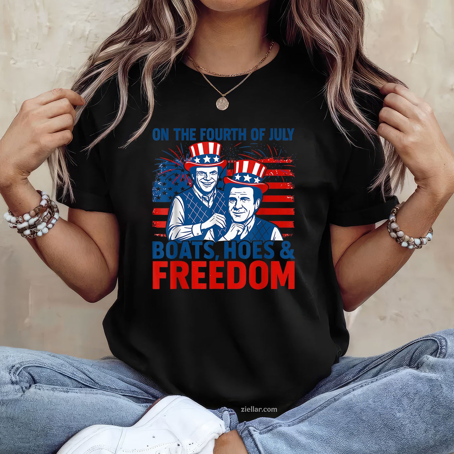 On The Fourth Of July Boats, Hoes & Freedom 4th Of July Tee and T-Shirt, Funny Patriotic 4th of July USA Freedom T-Shirt for Adults