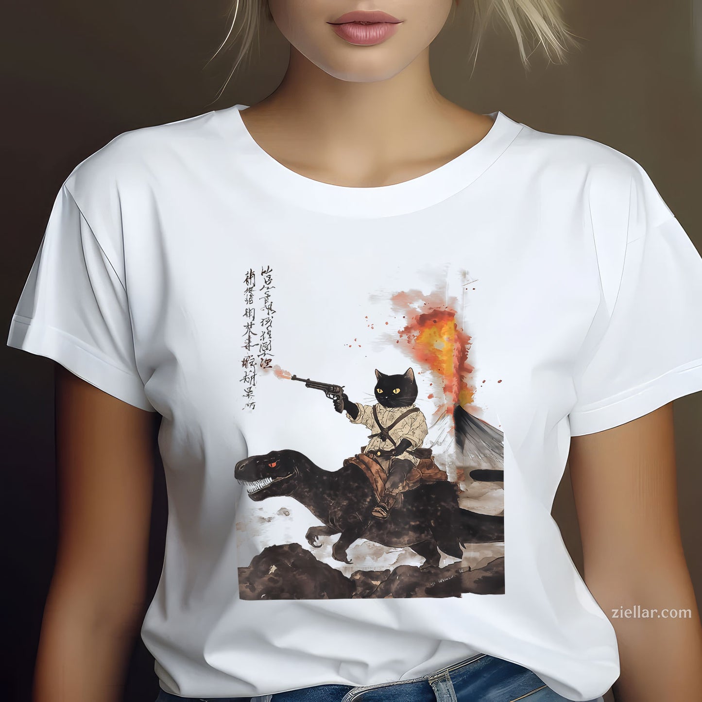 retro calligraphy cat dinosaur volcanic eruption art print Tee and T-Shirt, Retro Cat Dino Calligraphy Art Graphic T-Shirt for Adults