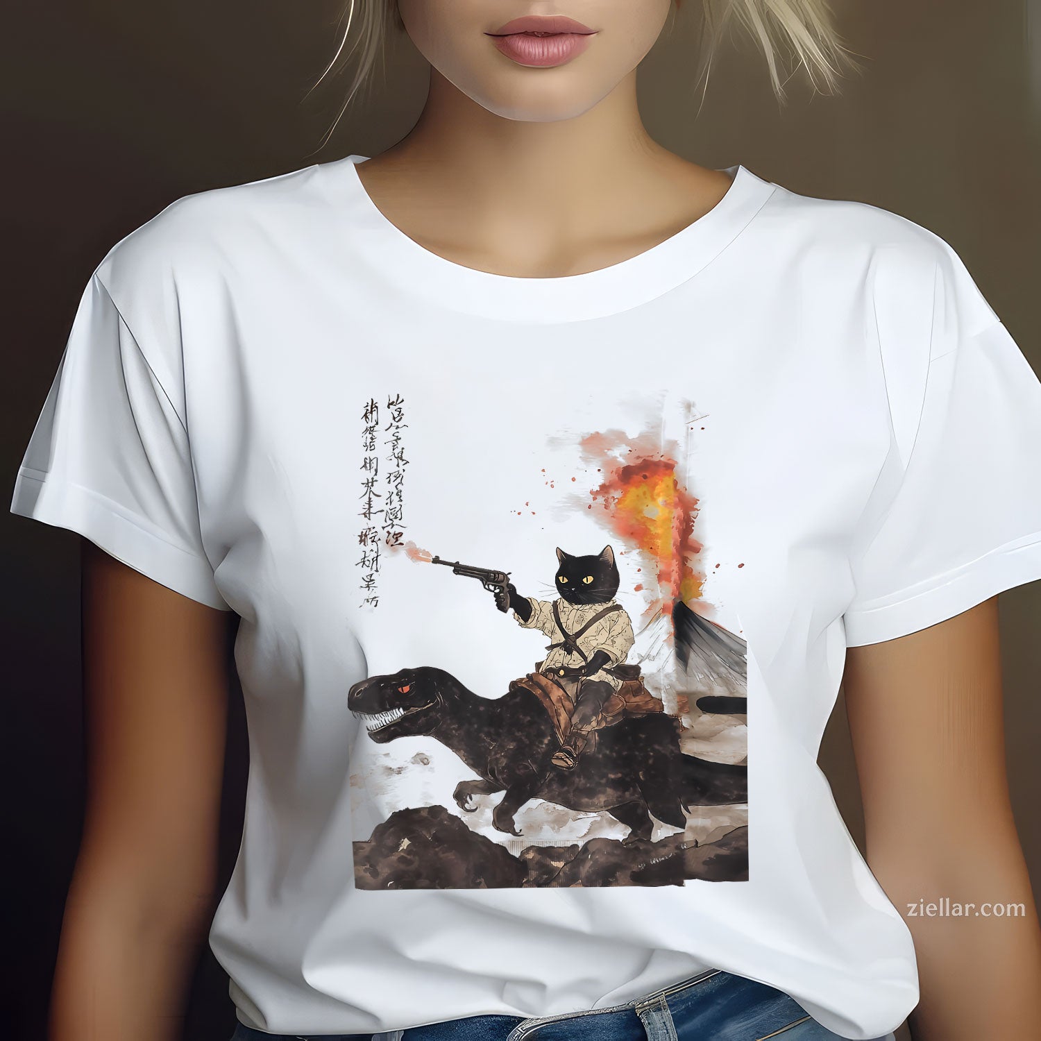 retro calligraphy cat dinosaur volcanic eruption art print Tee and T-Shirt, Retro Cat Dino Calligraphy Art Graphic T-Shirt for Adults