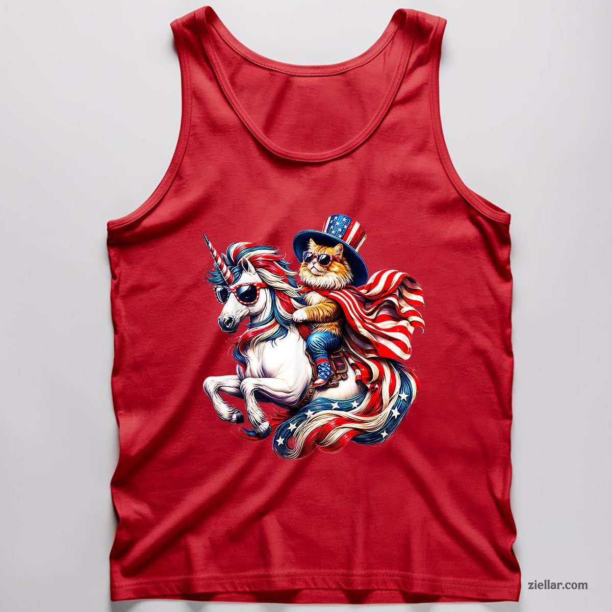 Cat riding Unicorn usa flag Patriotic 4th of July Tank Top Shirt Tee for Men Women Unisex