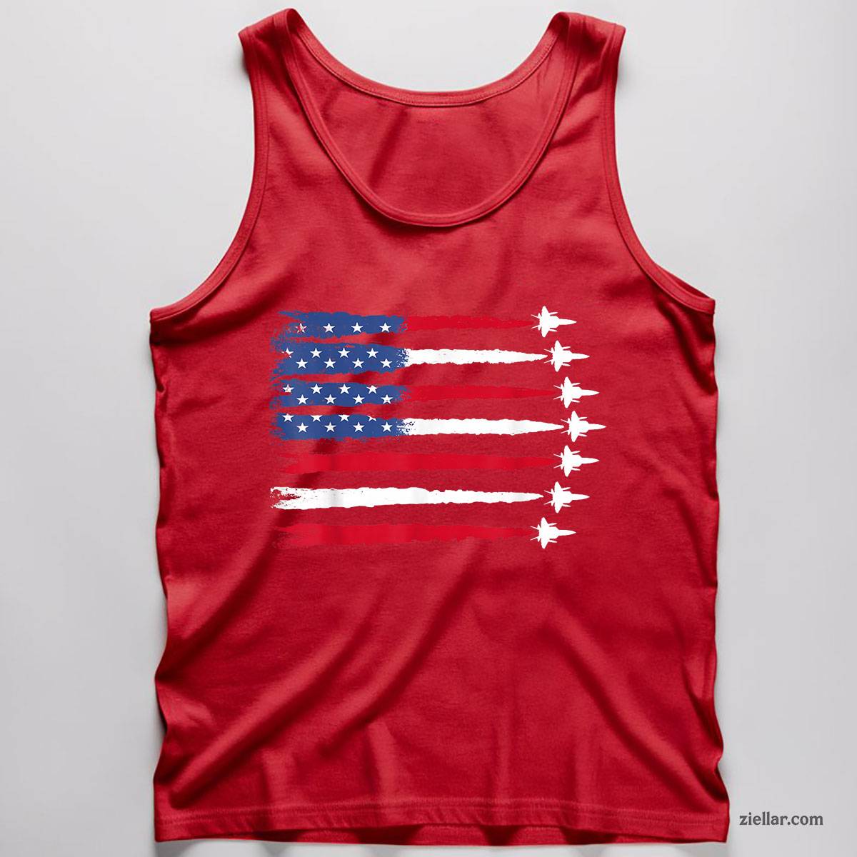 Patriotic Red White Blue USA Flag Fighter Jets 4th of July Tank Top Shirt Tee for Men Women Unisex