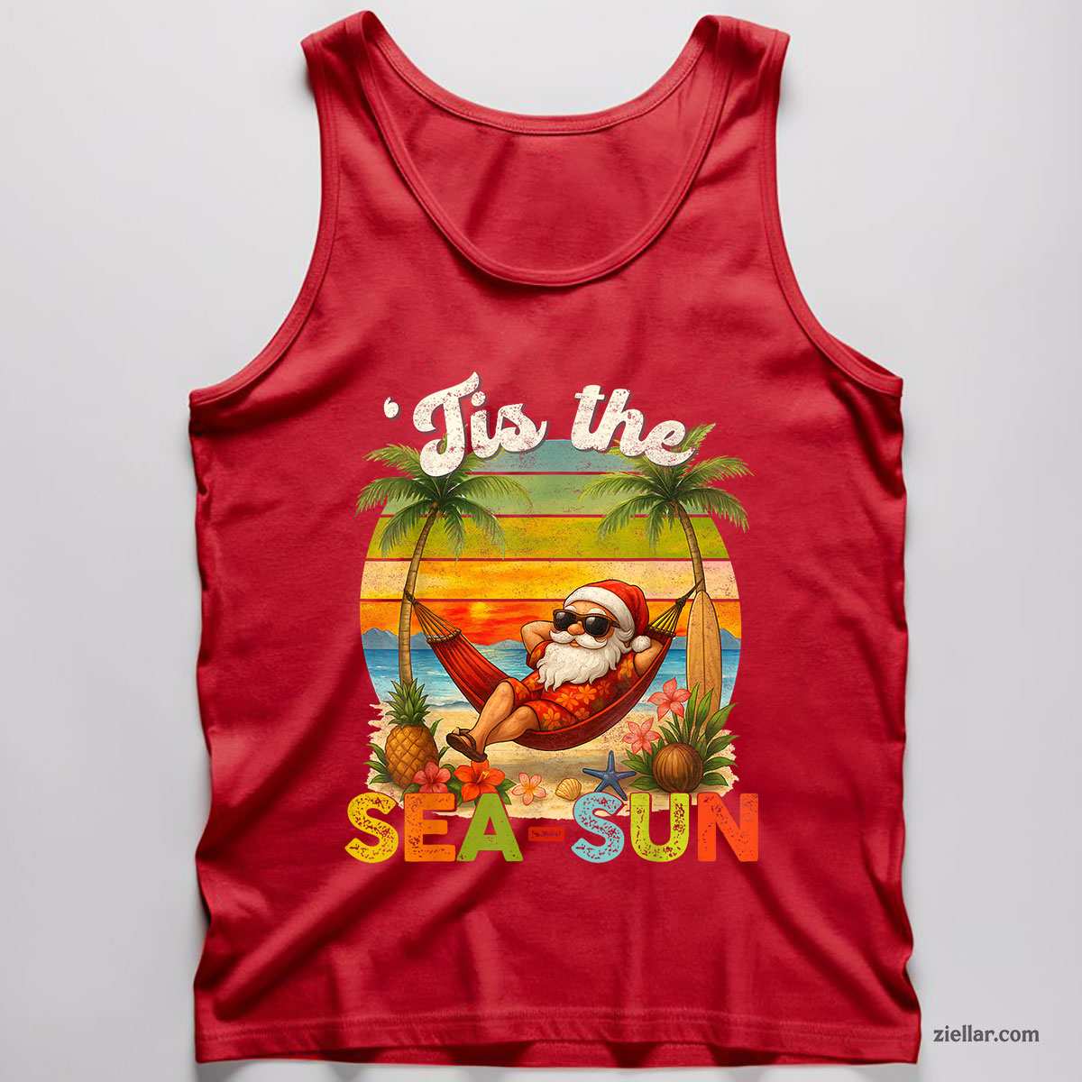 Tis The Sea-Sun Funny Christmas In July Hawaii Santa Beach Tank Top Shirt Funny Christmas in July Tee and Tank Top Shirt for Men Women Adults
