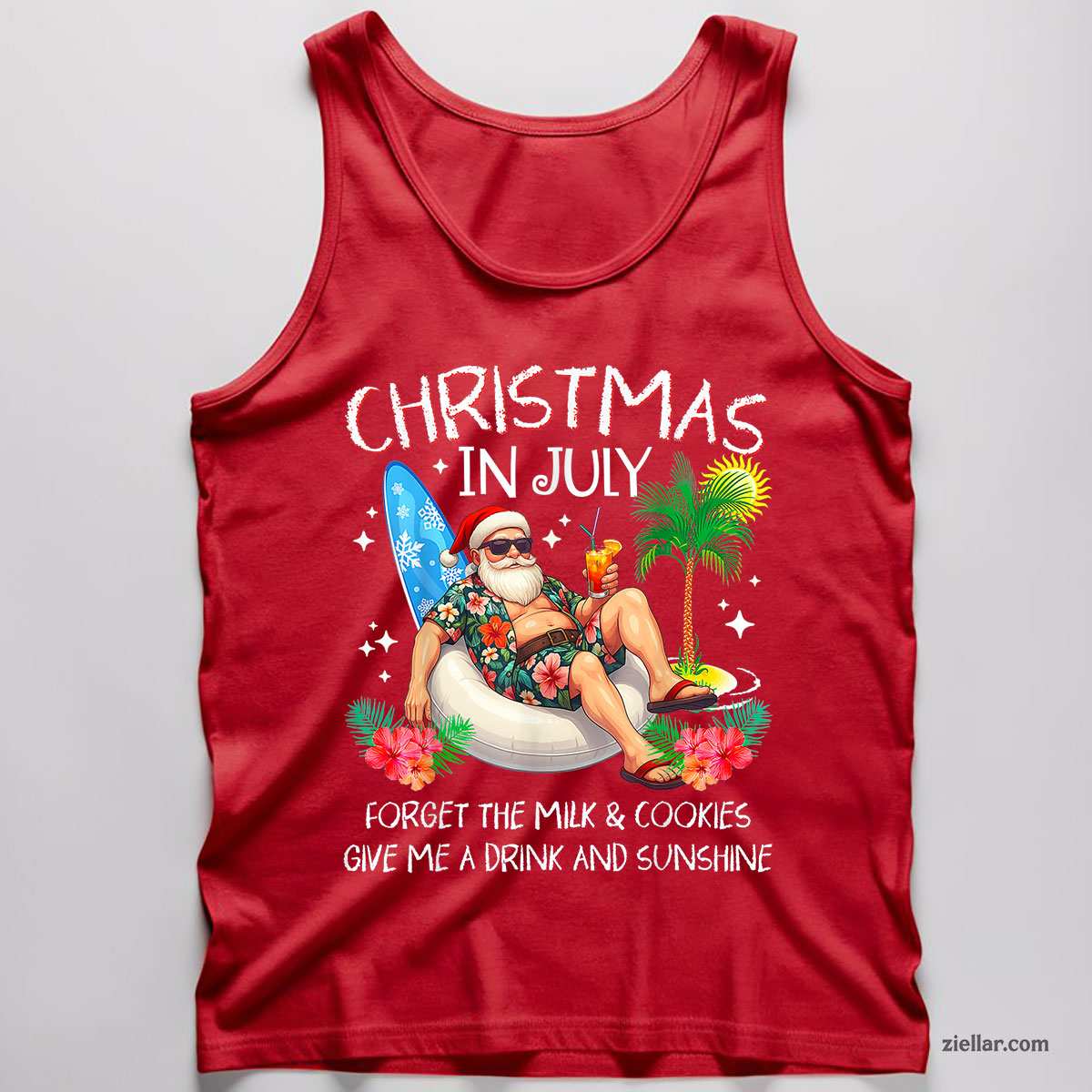 Christmas In July Palm Tree Beach Summer Hawaii Santa Mens Tank Top Shirt Funny Christmas in July Tee and Tank Top Shirt for Men Women Adults