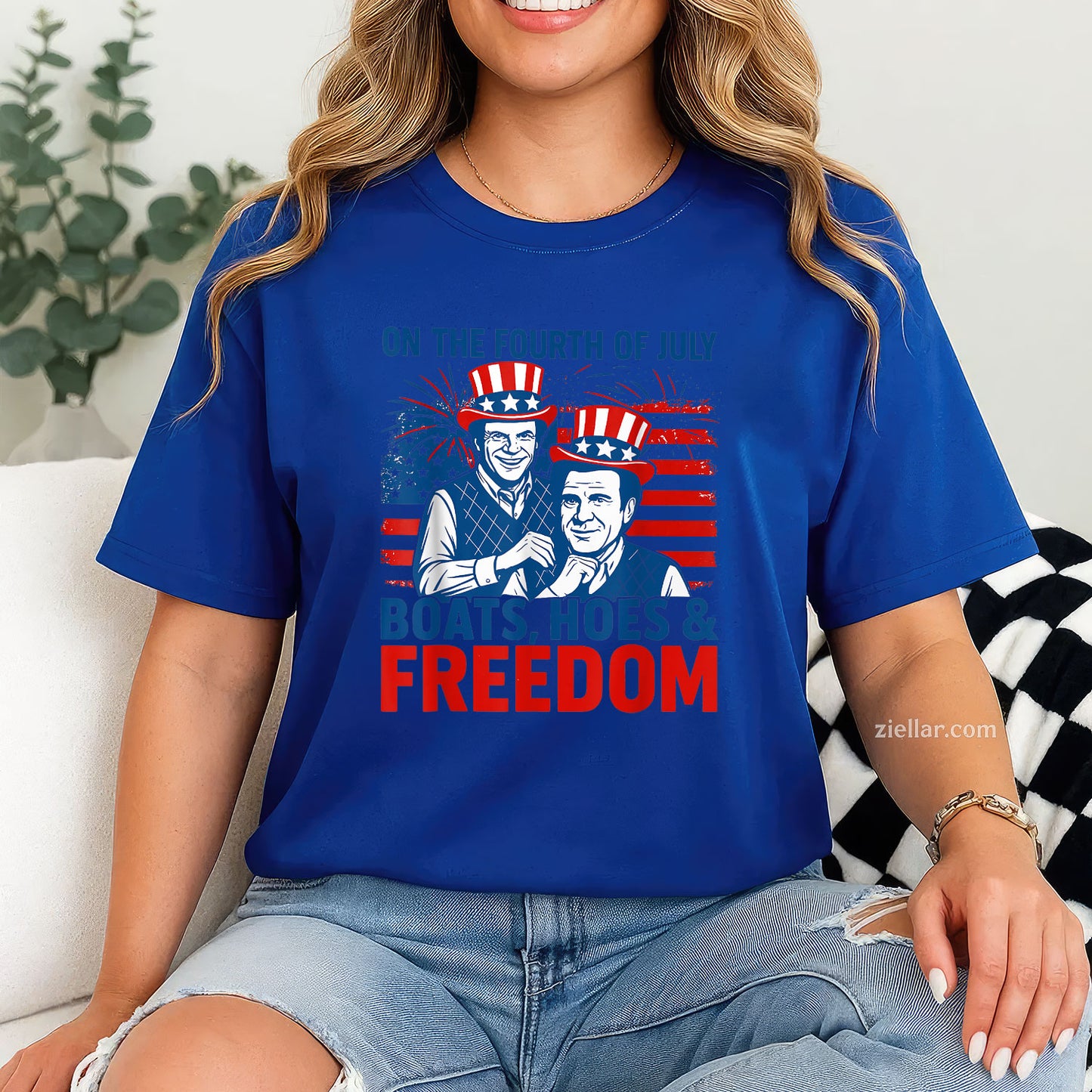 On The Fourth Of July Boats, Hoes & Freedom 4th Of July Tee and T-Shirt, Funny Patriotic 4th of July USA Freedom T-Shirt for Adults