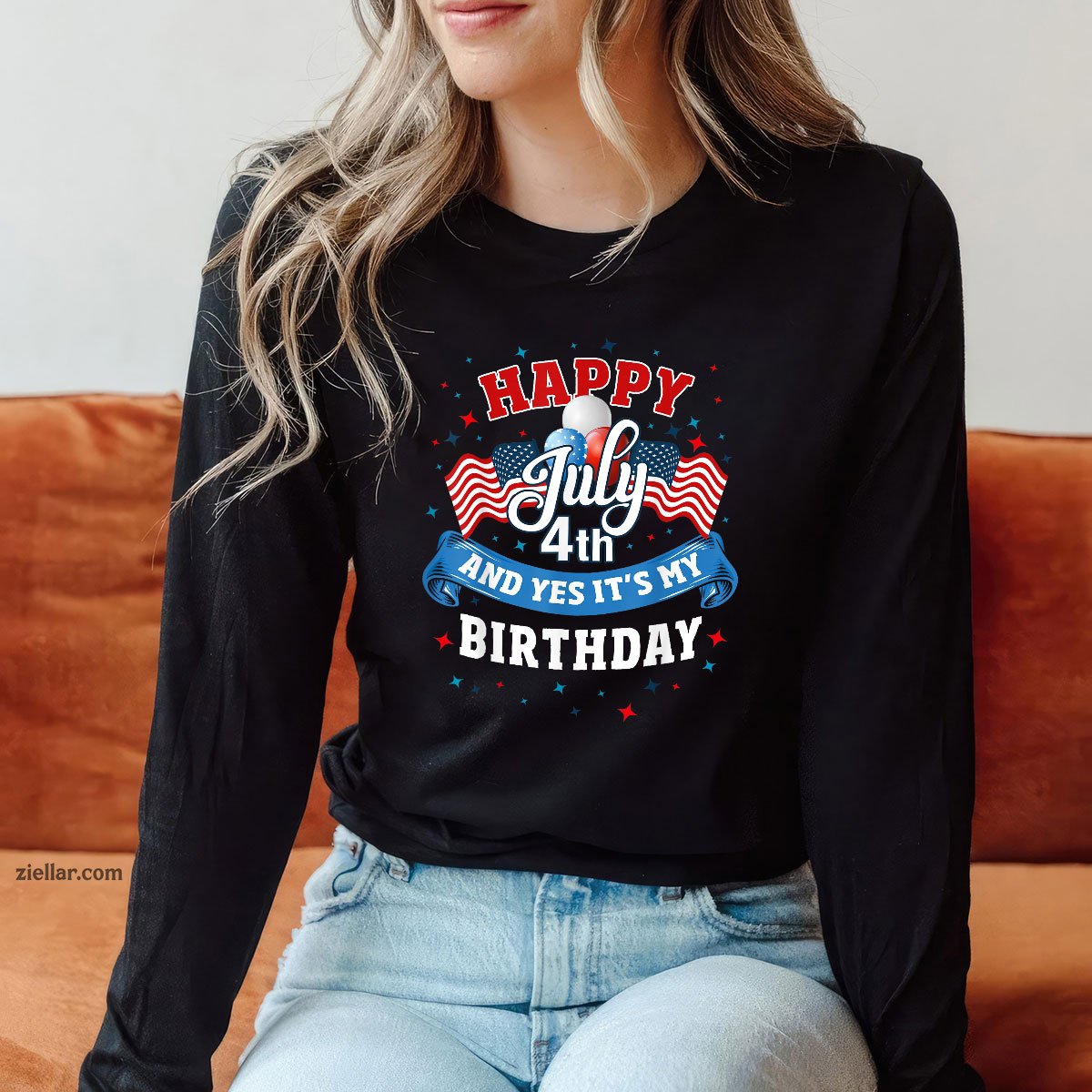 4th of July Birthday Shirt American Flag Happy Long Sleeve Shirt
