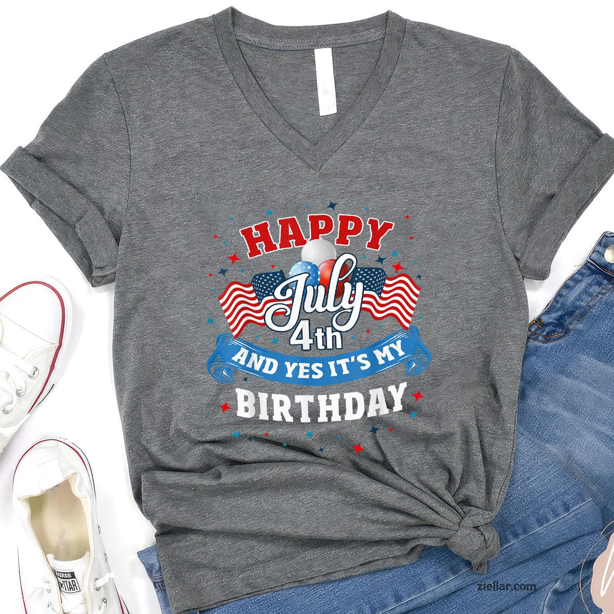 4th of July Birthday Shirt American Flag Happy V-Neck Shirt