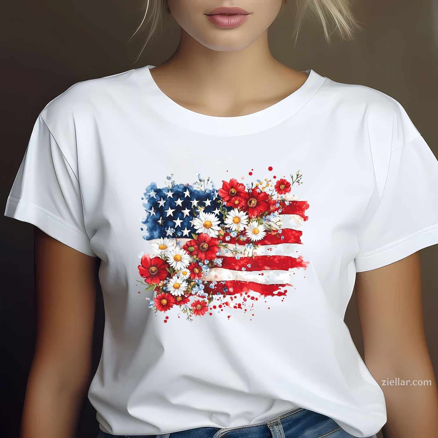 4th of July Floral American Flag Wildflowers Patriotic Women T-Shirt Tee