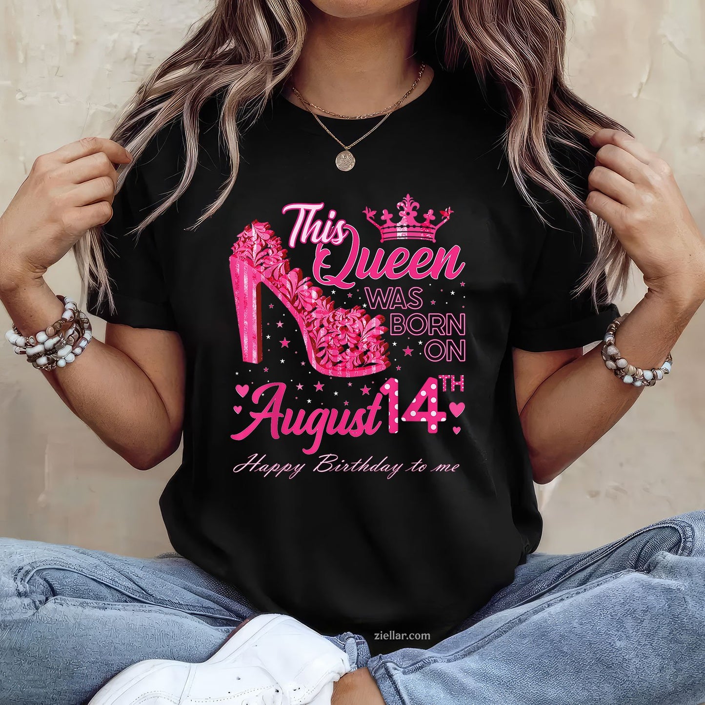 A Queen Was Born on August 14 Tee and T-Shirt, High Heel Birthday T-Shirt for Women Adults
