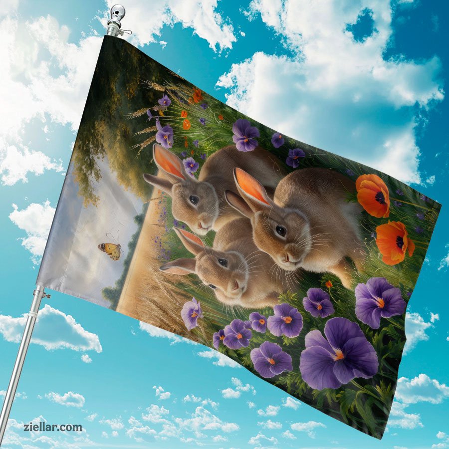 Adorable Bunnies in a Meadow with Colorful Flowers Spring Easter Home Decor