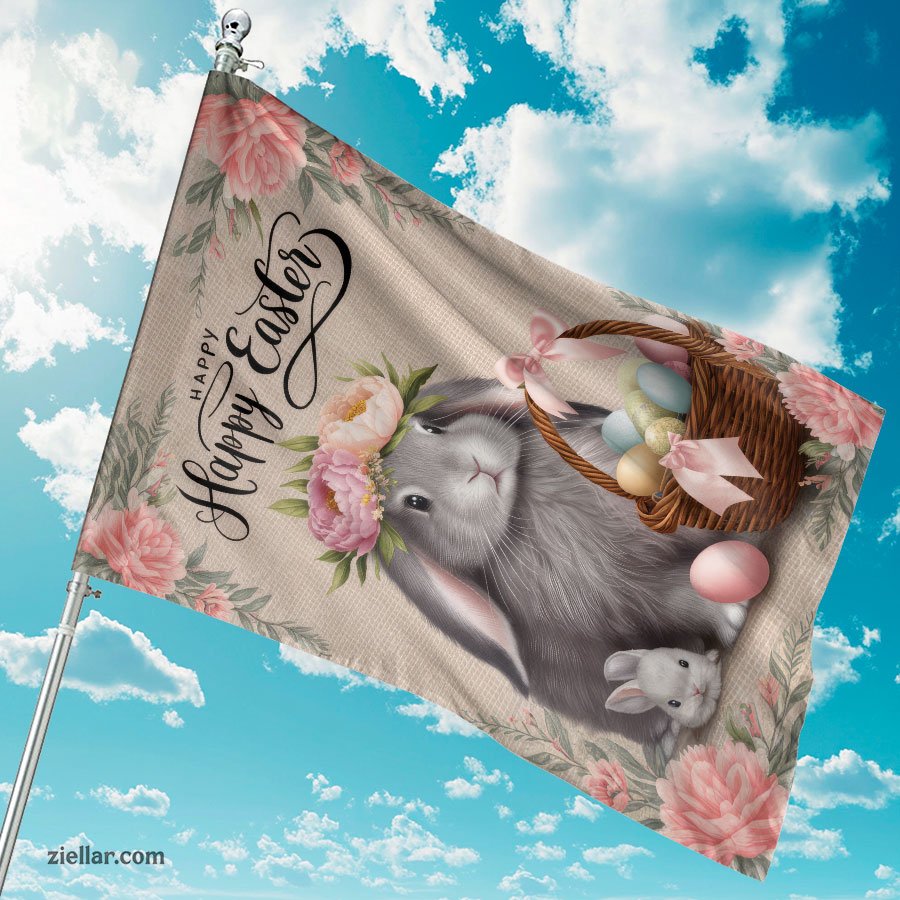 Adorable Easter Bunny with Floral Decorations and Basket Spring Garden Flag