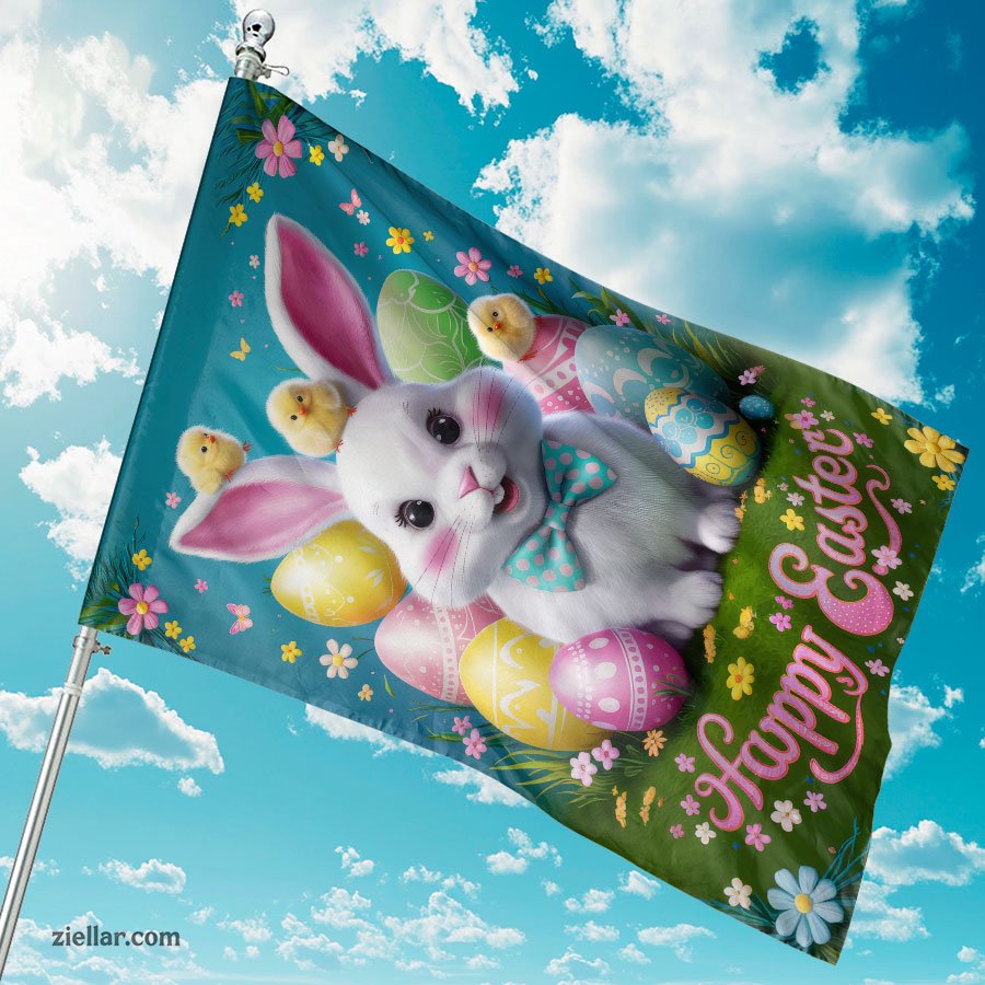 Adorable Easter Bunny Illustration with Flowers and Eggs Spring Holiday Art