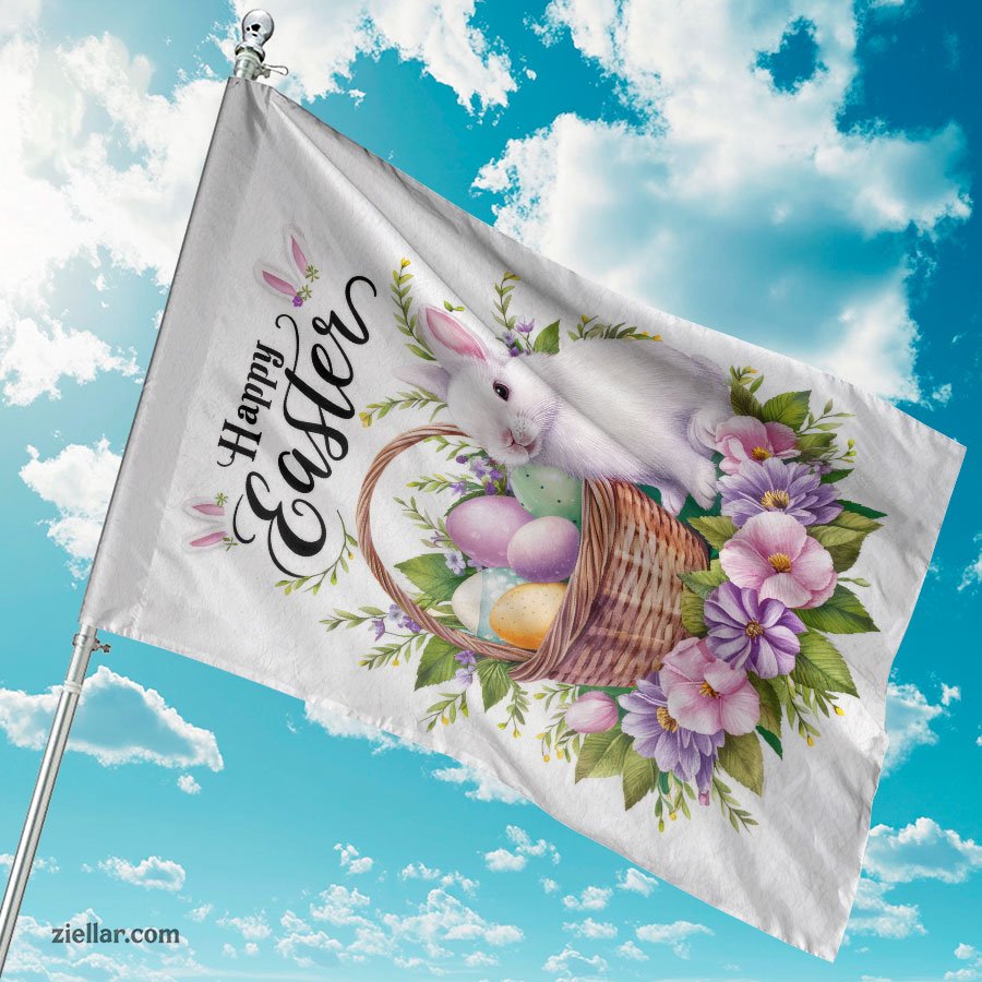 Adorable Happy Easter Bunny with Basket Spring Garden Flag Yard Decoration