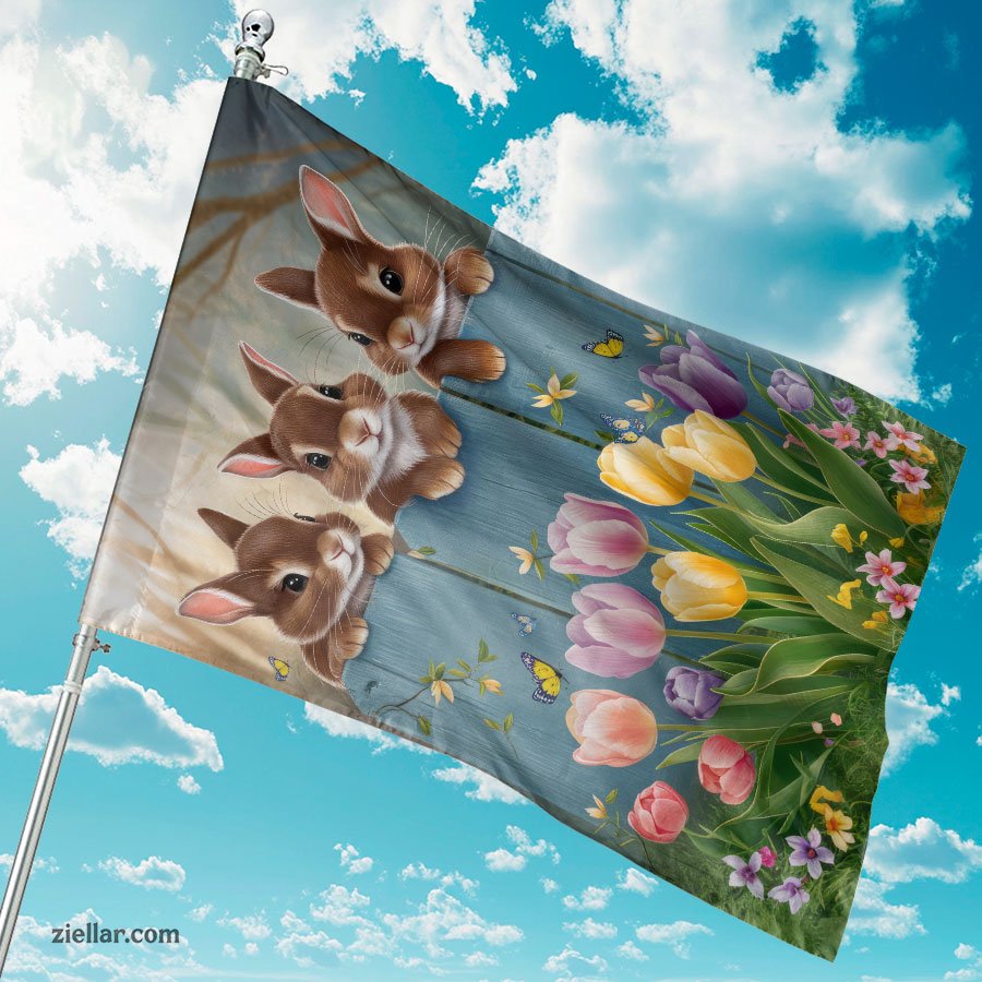 Adorable Three Bunnies Sitting on Fence with Spring Flowers Easter Decor