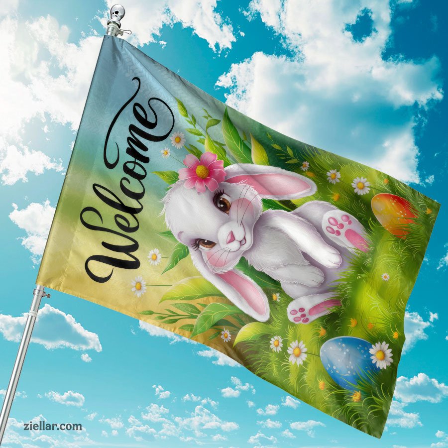 Adorable Welcome Bunny with Colorful Flowers Spring Garden Yard Decor Sign