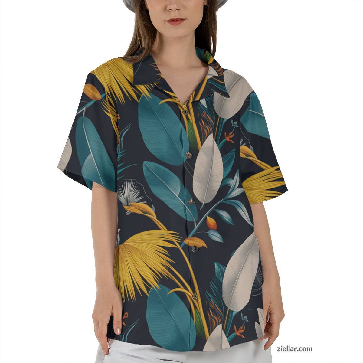 Aloha Beach Party Hawaiian Shirt Tee, Teal Gold Tropical Leaf Gift Adults
