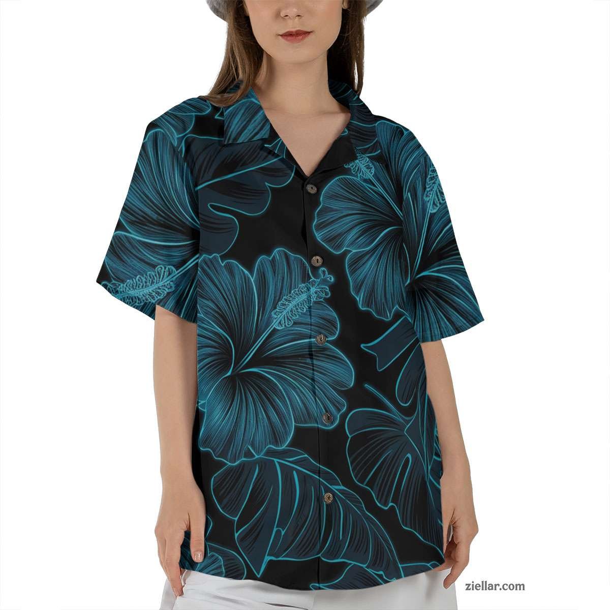 Aloha Hibiscus Hawaiian Shirt Tee, Black Blue Floral Beach Outfit Adults