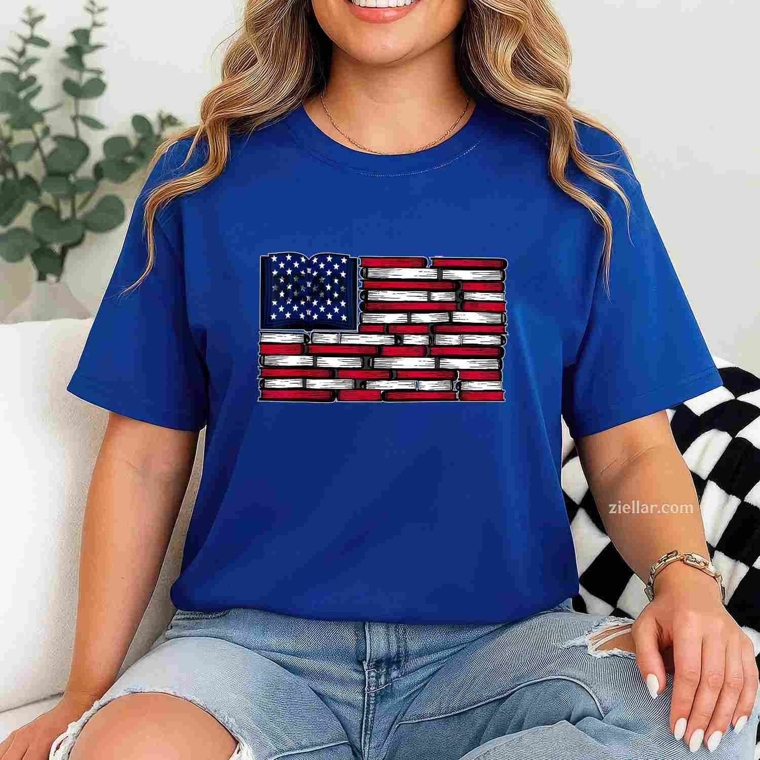 America Us Flag Books Library T-Shirt, Reading For Book Lover, Reader Graphic Tee For Usa Adults