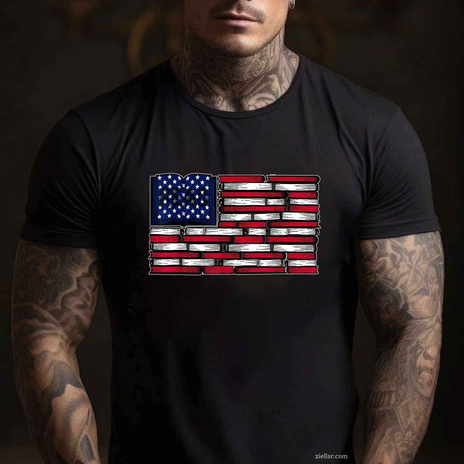 America Us Flag Books Library T-Shirt, Reading For Book Lover, Reader Graphic Tee For Usa Adults