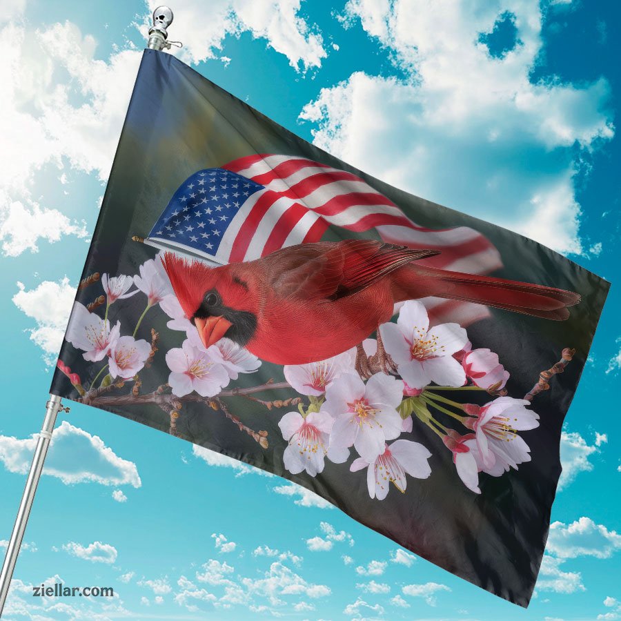 American Cardinal Garden Flag with Floral, Patriotic Outdoor Yard Decoration