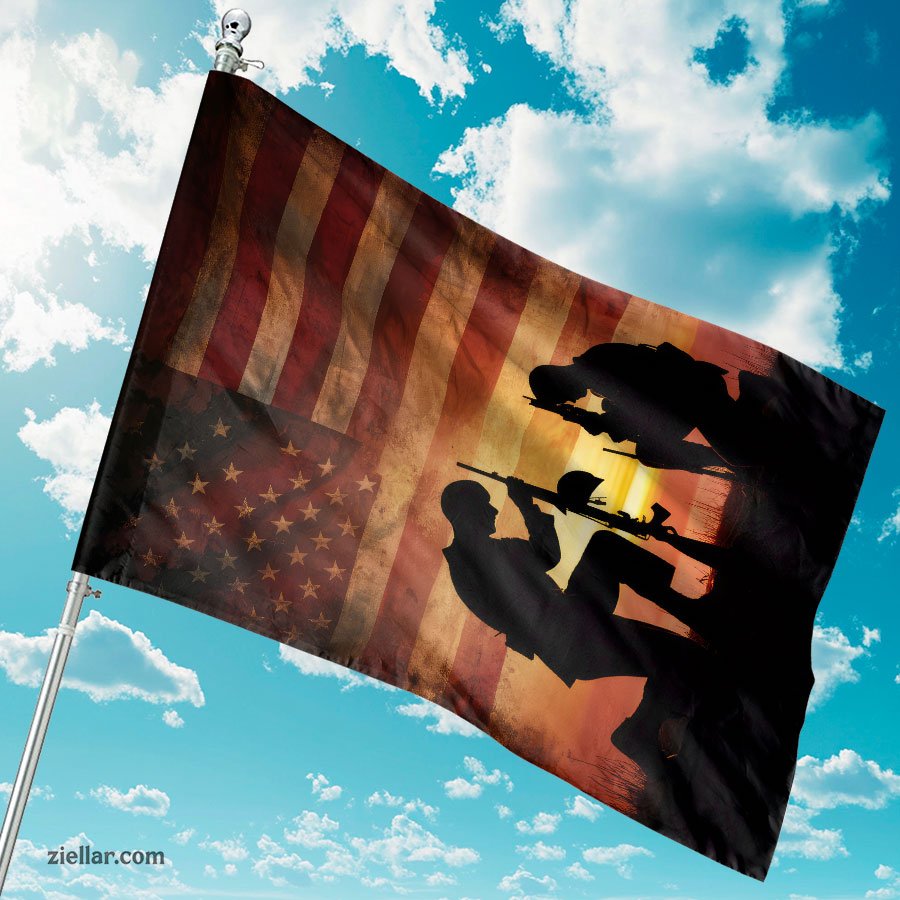 American Flag with Soldiers' Silhouettes Patriotic Garden Yard Flag Home Decor