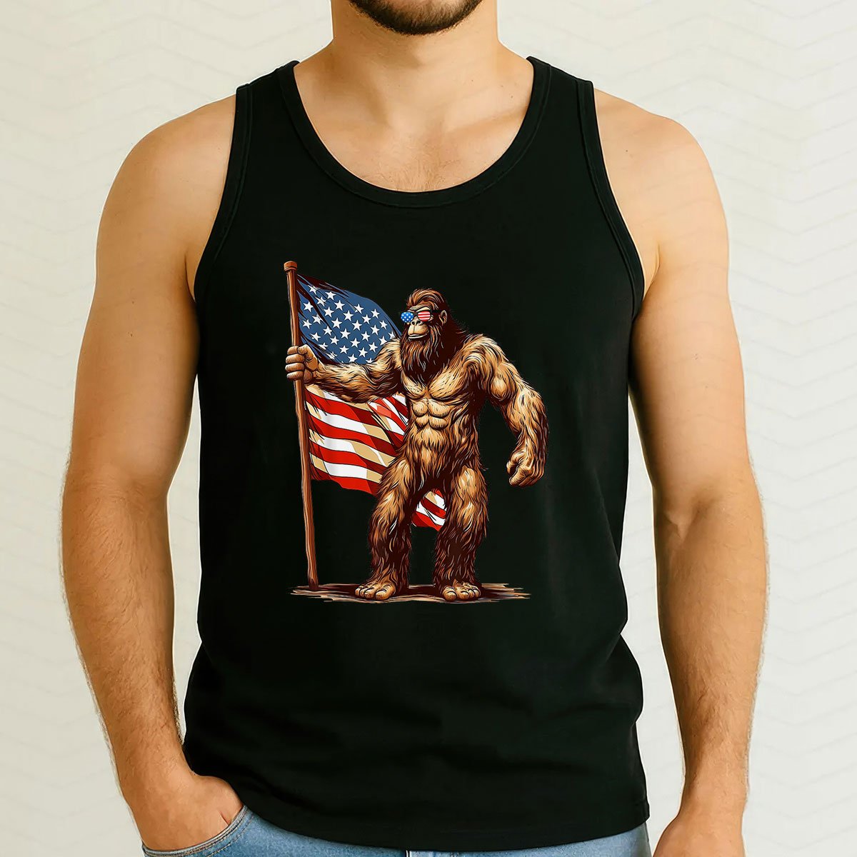 American Flag Bigfoot Sunglasses Patriotic 4th of July USA Tank Top Shirt