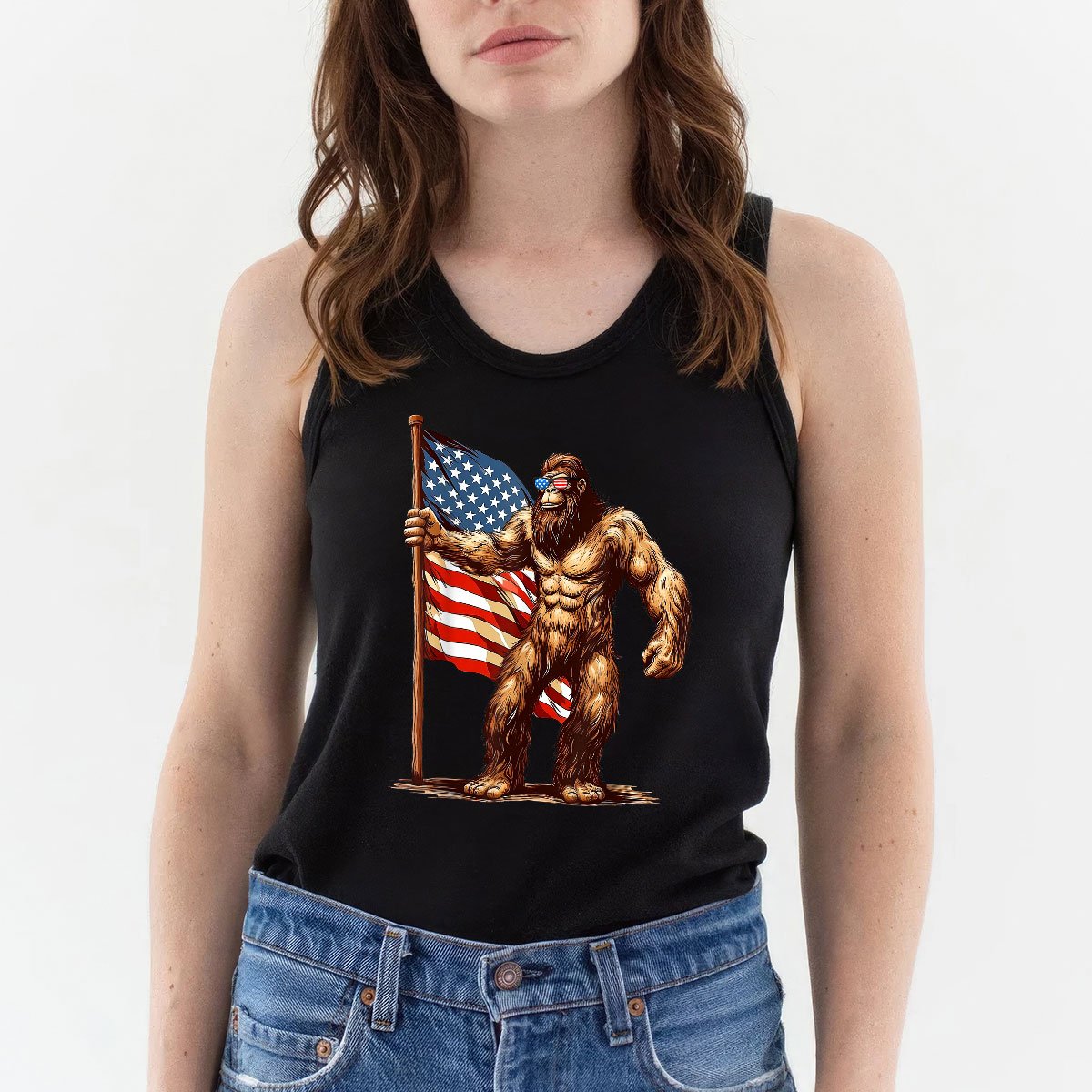 American Flag Bigfoot Sunglasses Patriotic 4th of July USA Tank Top Shirt