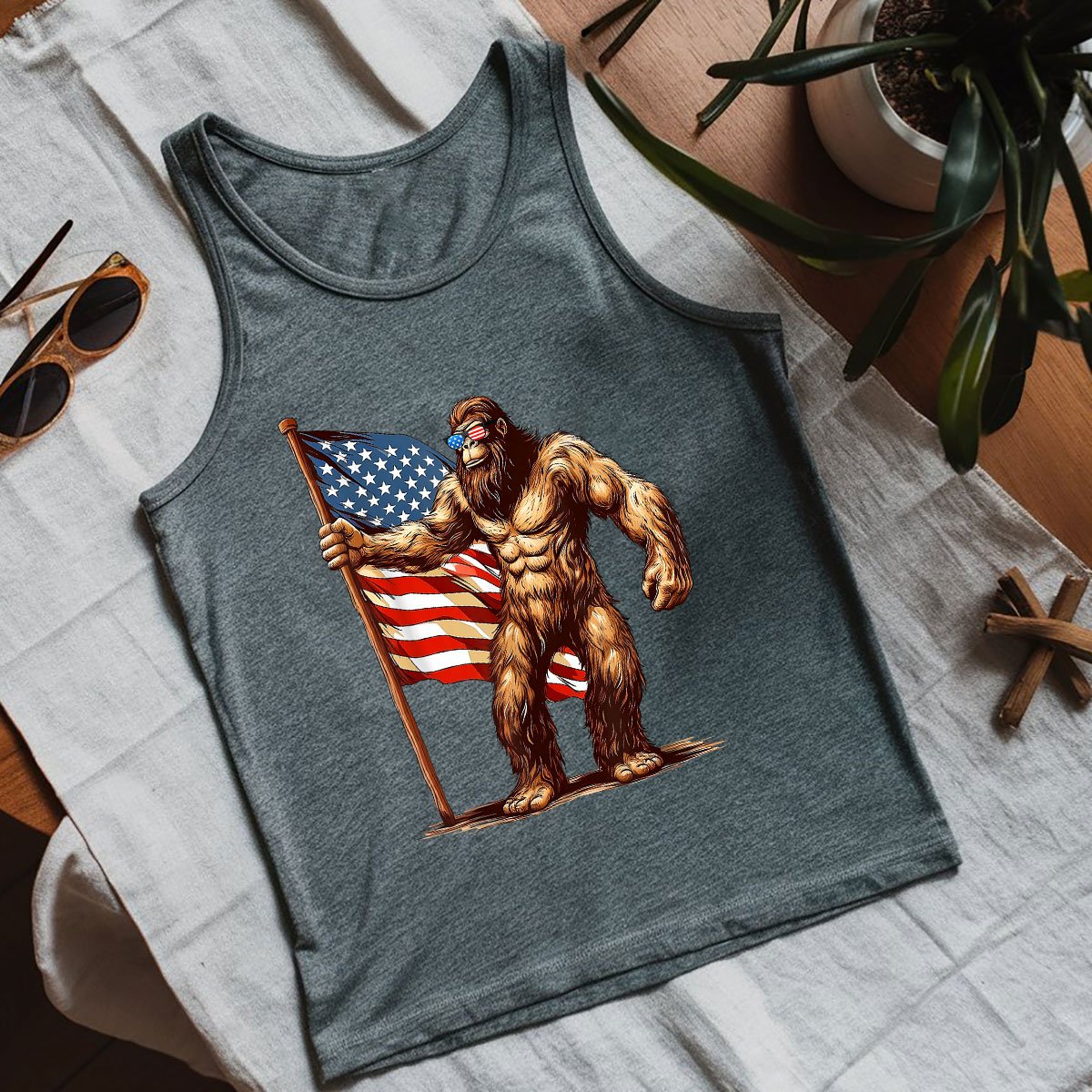 American Flag Bigfoot Sunglasses Patriotic 4th of July USA Tank Top Shirt
