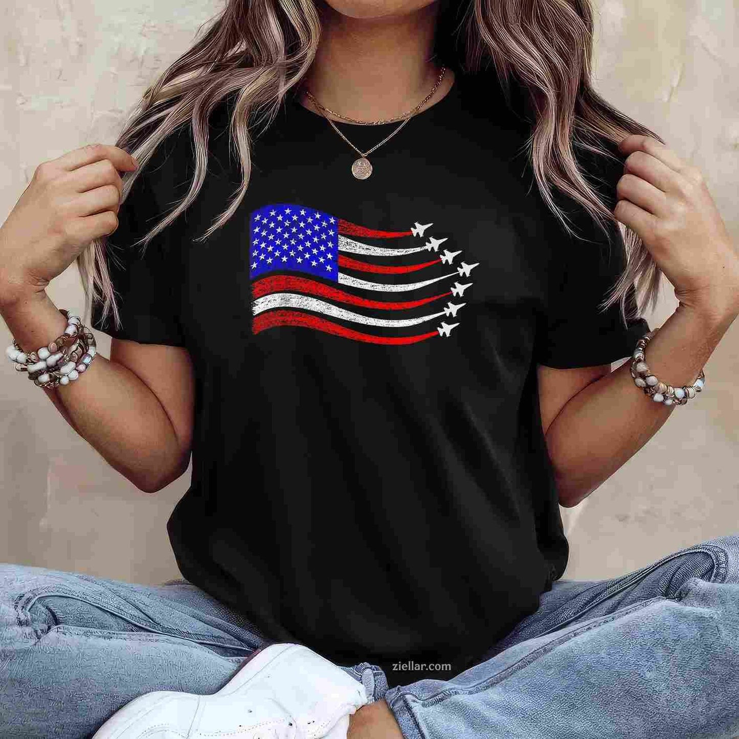 American Patriotic Fighter Jets USA Flag Waving 4th of July T-Shirt Tee for Men Women Adults Unisex