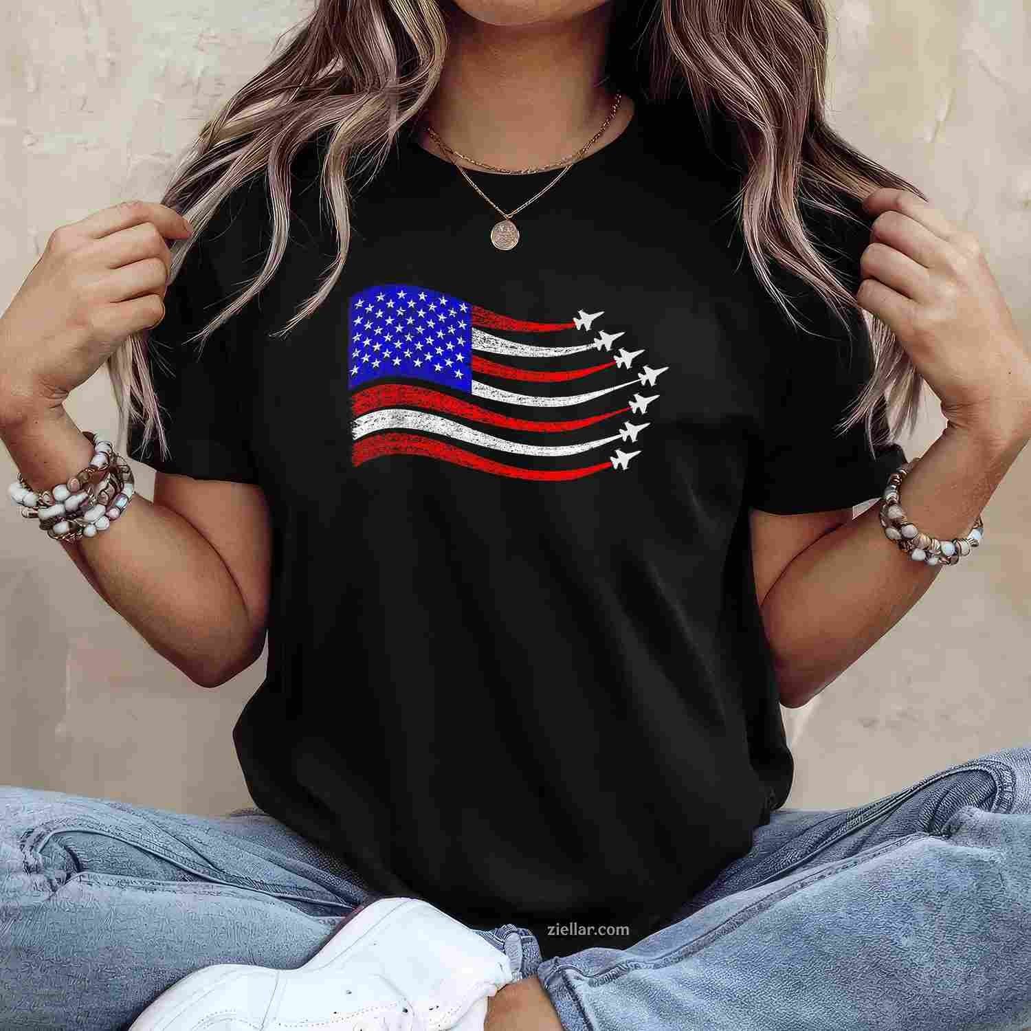 American Patriotic Fighter Jets USA Flag Waving 4th of July T-Shirt Tee for Men Women Adults Unisex