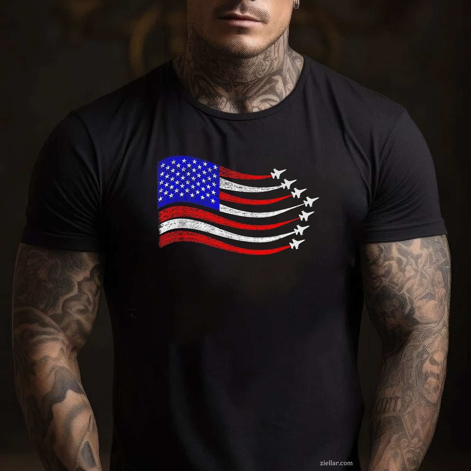 American Patriotic Fighter Jets USA Flag Waving 4th of July T-Shirt Tee for Men Women Adults Unisex