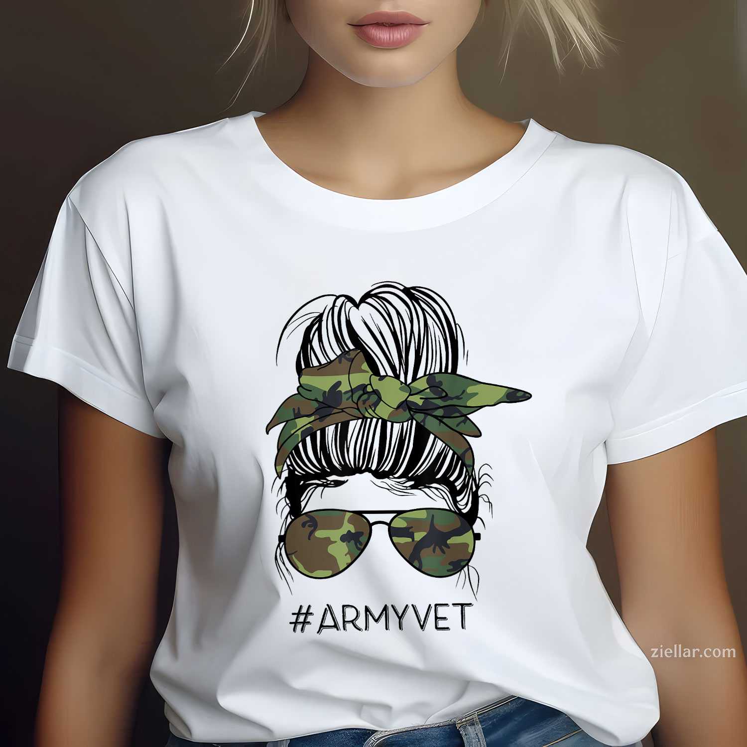 Army Vet Life Messy Bun Camo Print Sunglasses Veterans Day T-Shirt And Tee For Women