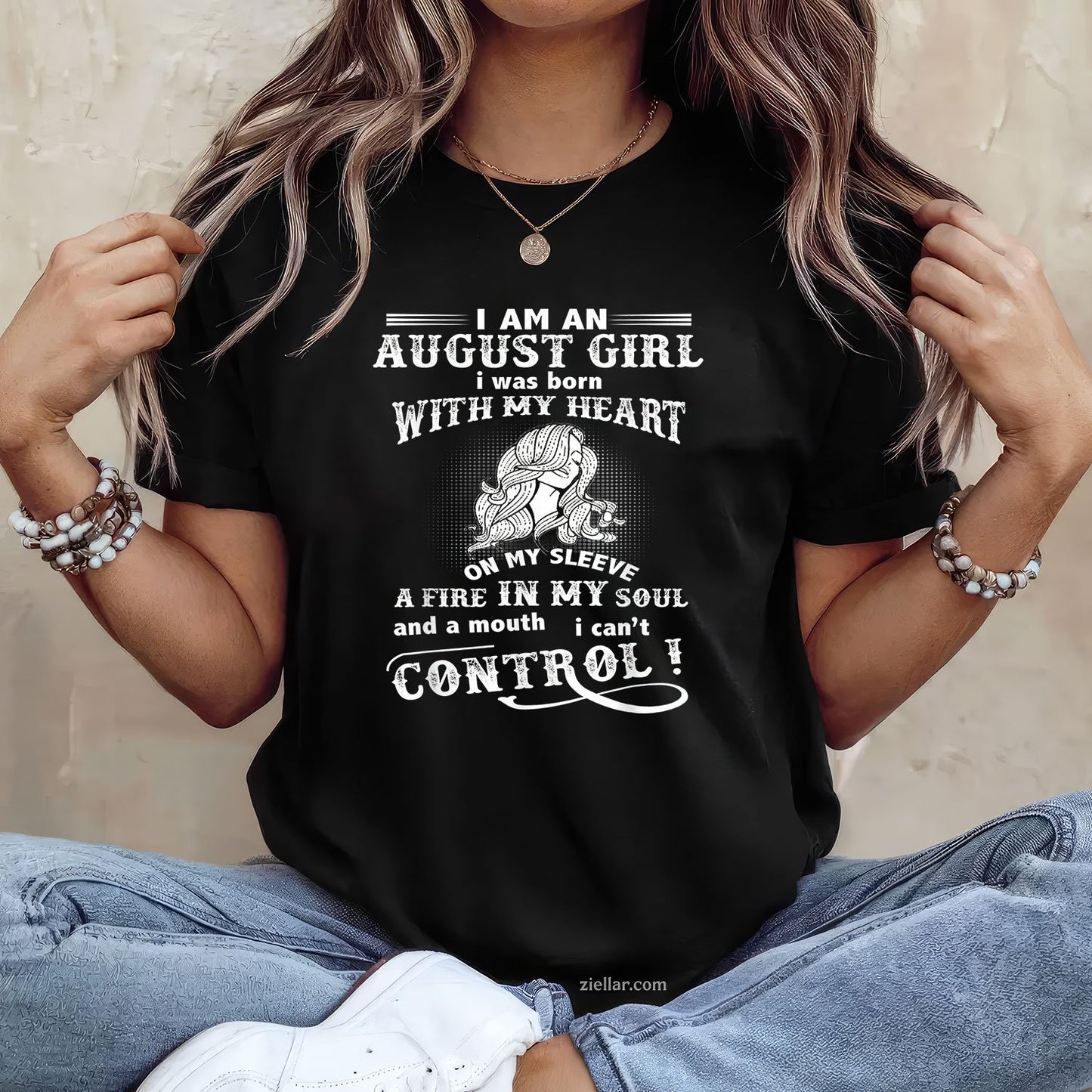 August Girl Heart on Sleeve Tee and T-Shirt, Proud Leo Birthday T-Shirt for Women Adults
