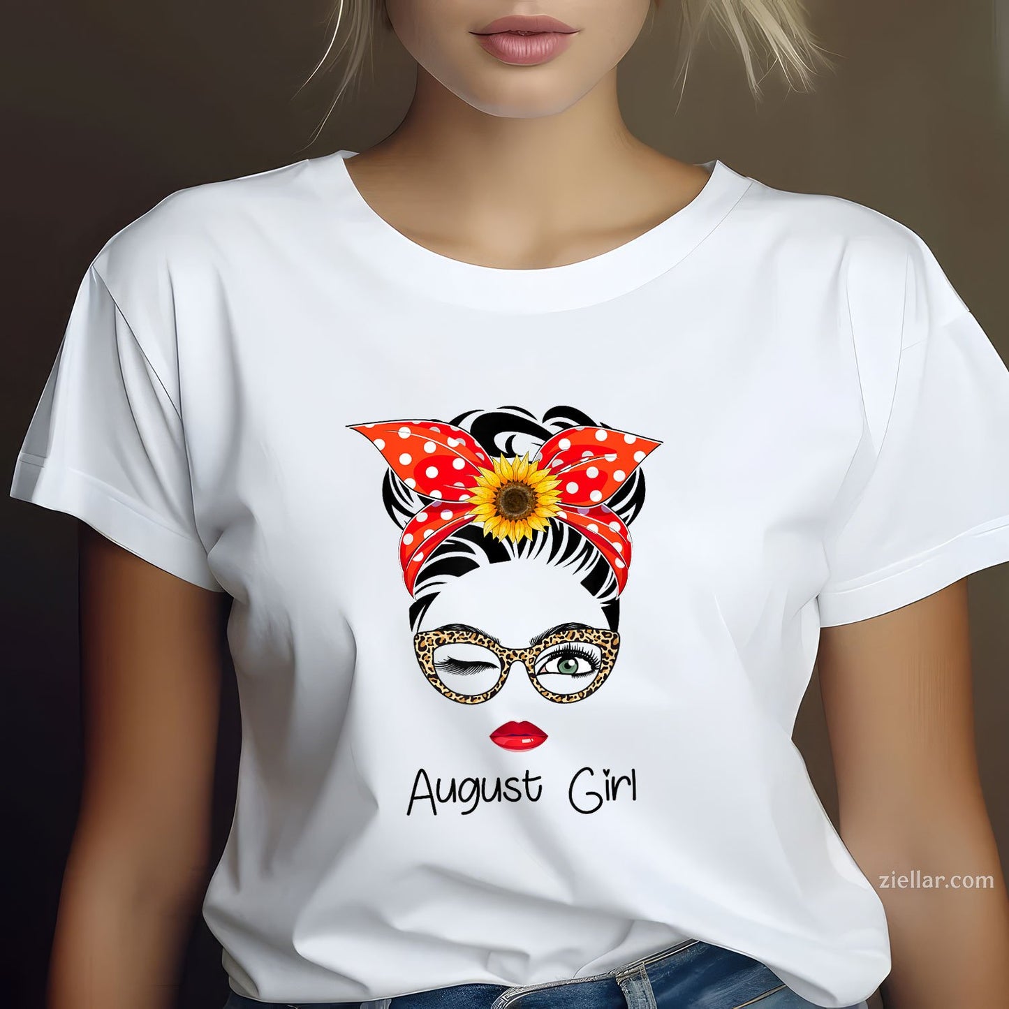 August Girl Messy Bun Tee and T-Shirt, Sunflower Birthday Lover T-Shirt for Women Adults