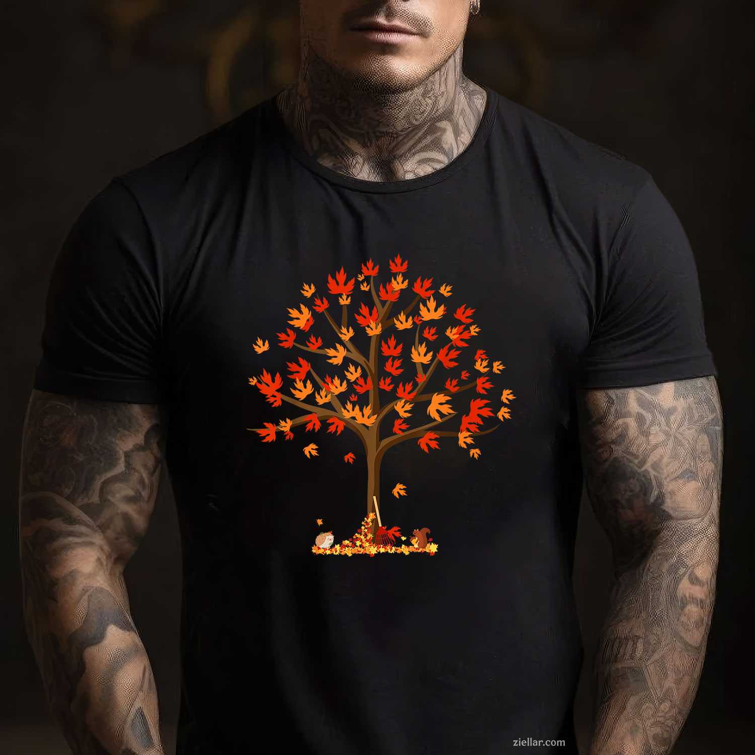 Autumn Fall Leaves Tree & Forest Creatures Mens Womens  T-Shirt and Tee for Adults Men Women Unisex
