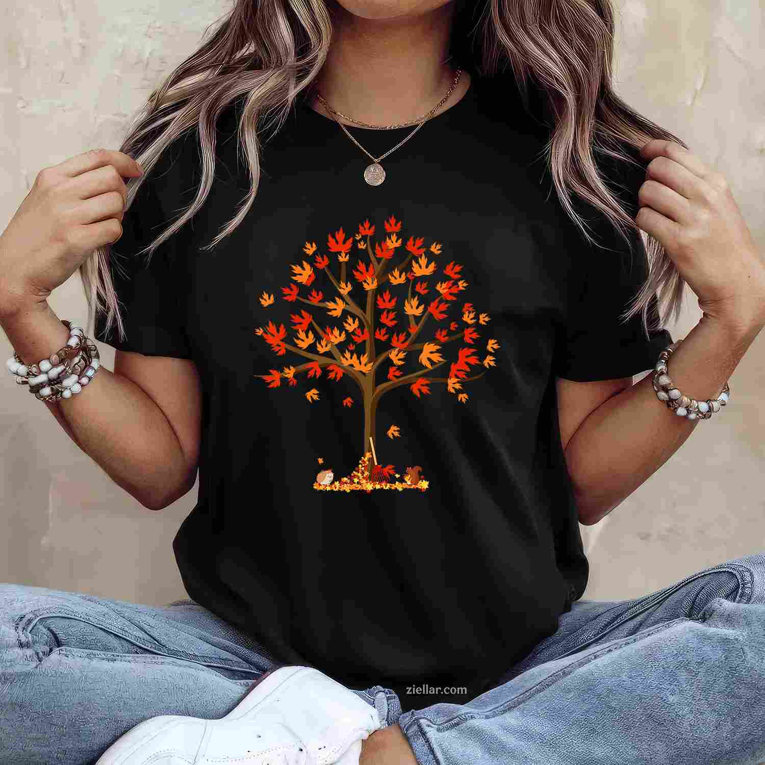 Autumn Fall Leaves Tree & Forest Creatures Mens Womens  T-Shirt and Tee for Adults Men Women Unisex