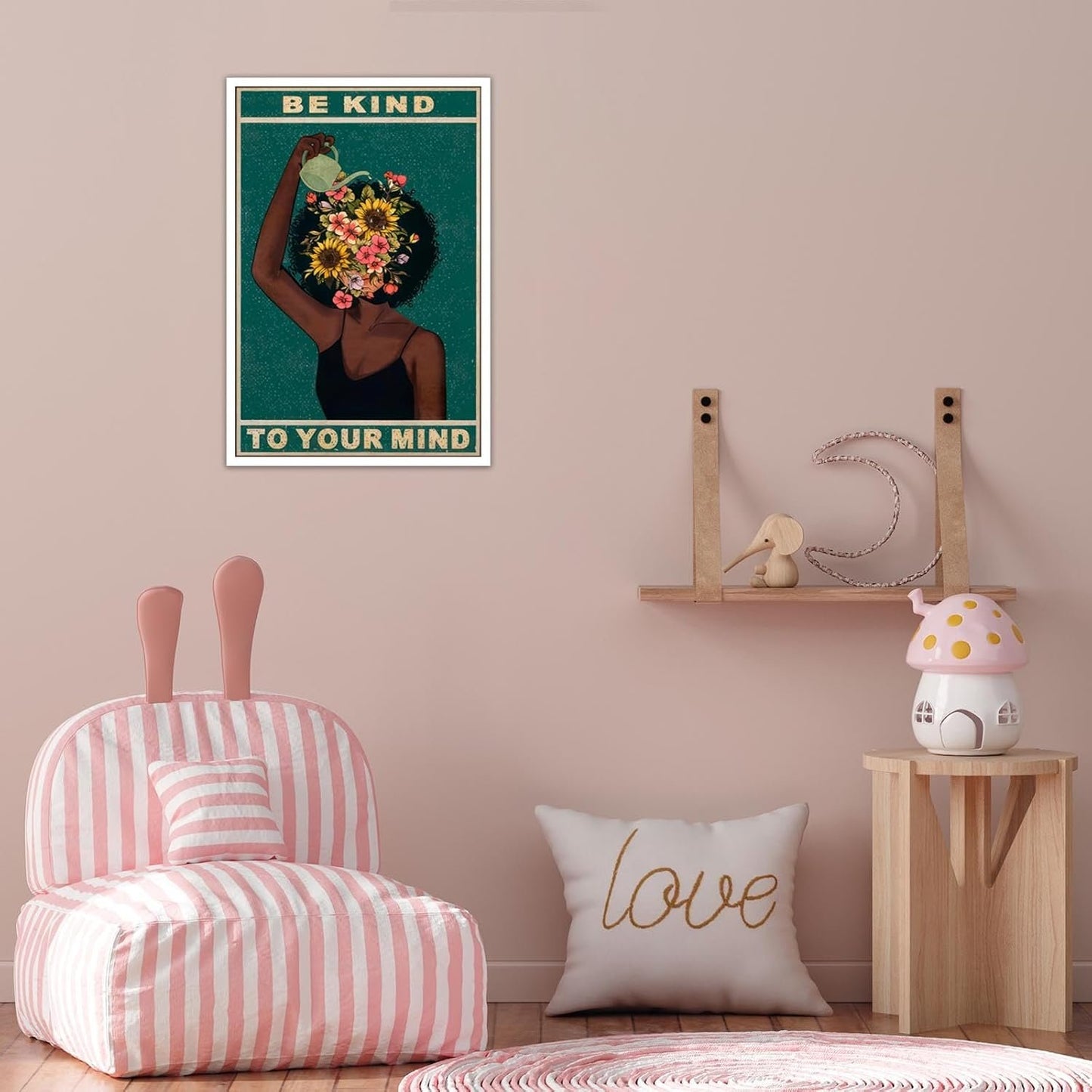Be Kind To Your Mind Poster and Canvas, Fashion Black Girl Wall Art, Mental Health Quote Painting Floral Positivity Decor