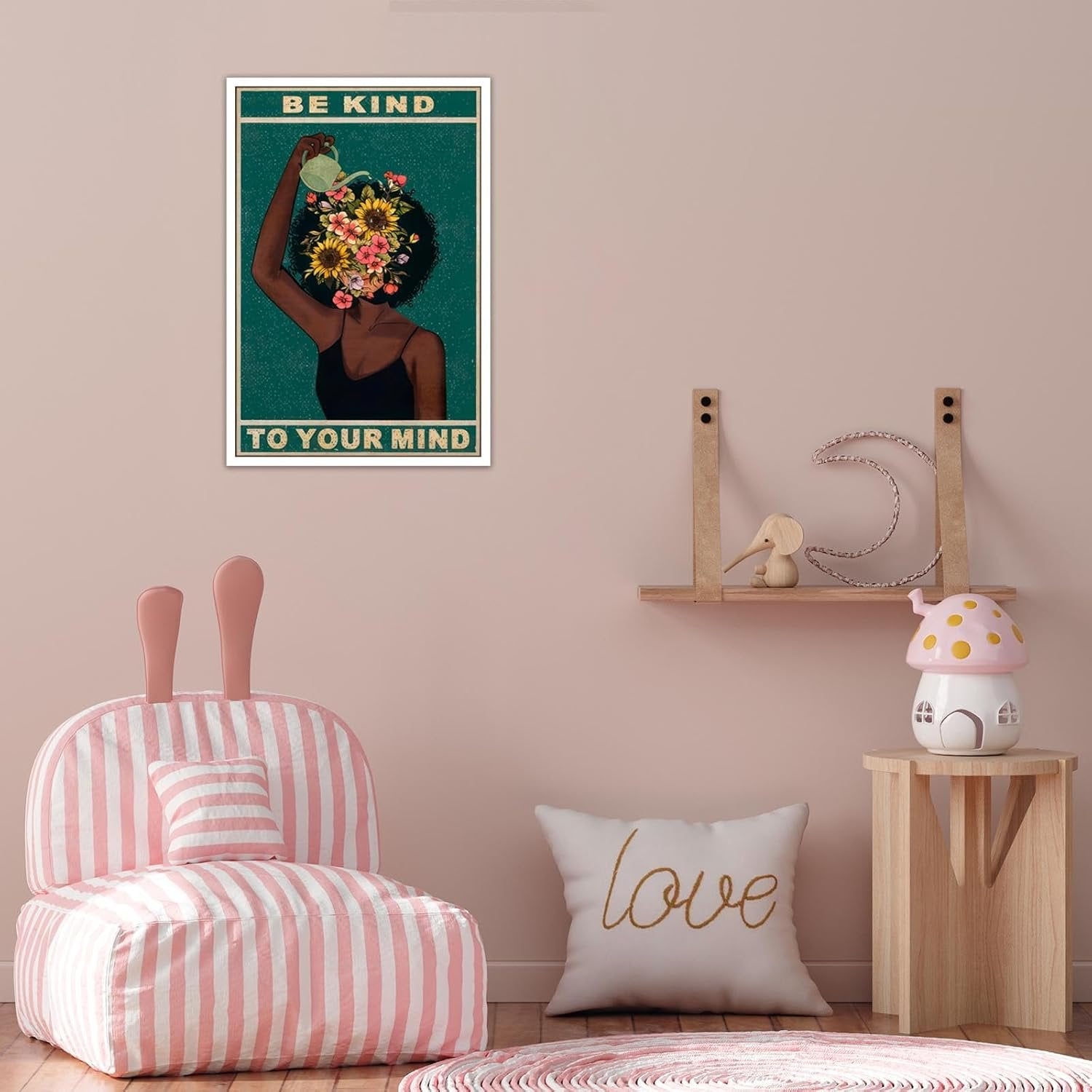 Be Kind To Your Mind Poster and Canvas, Fashion Black Girl Wall Art, Mental Health Quote Painting Floral Positivity Decor
