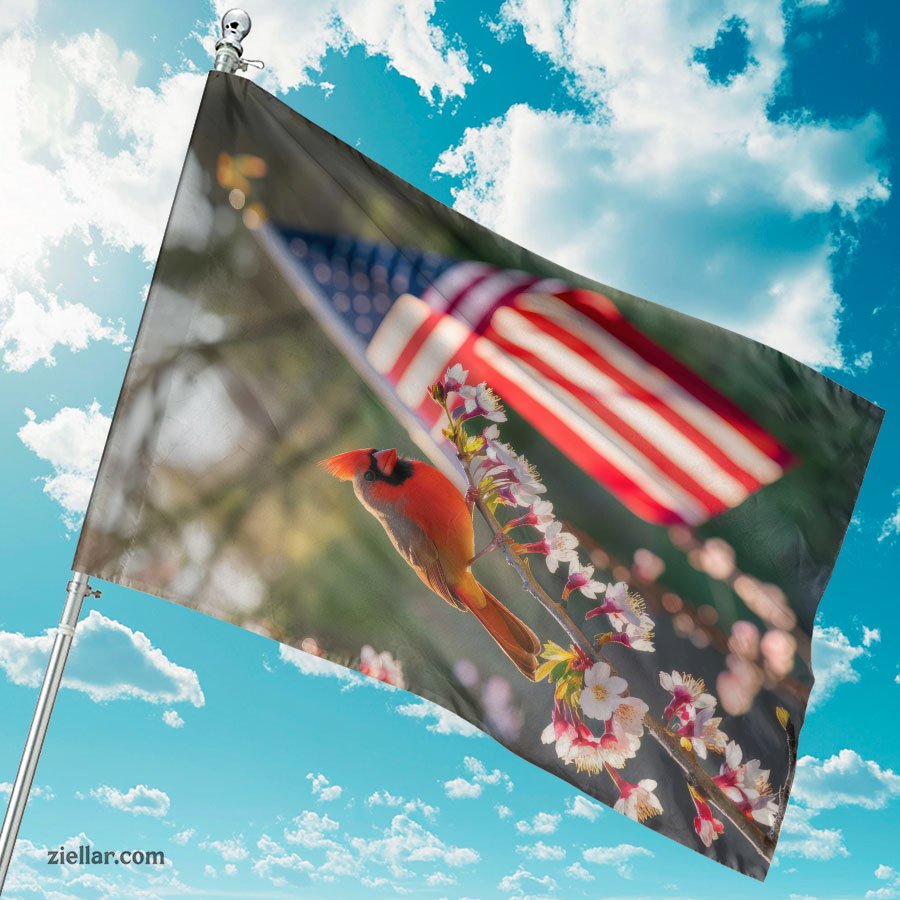 Beautiful Red Cardinal Bird with American Flag Patriotic Home Decor Gift