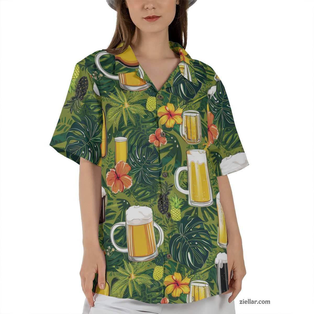 Beer & Pineapple Print Hawaiian Shirt Tee, Tropical Beach Party Outfit