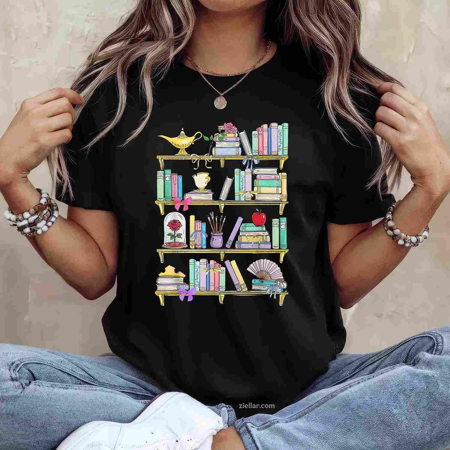 Belle'S Bookshelf Book Lover Coquette Reader T-Shirt, Vintage Graphic Tee For Women Adults