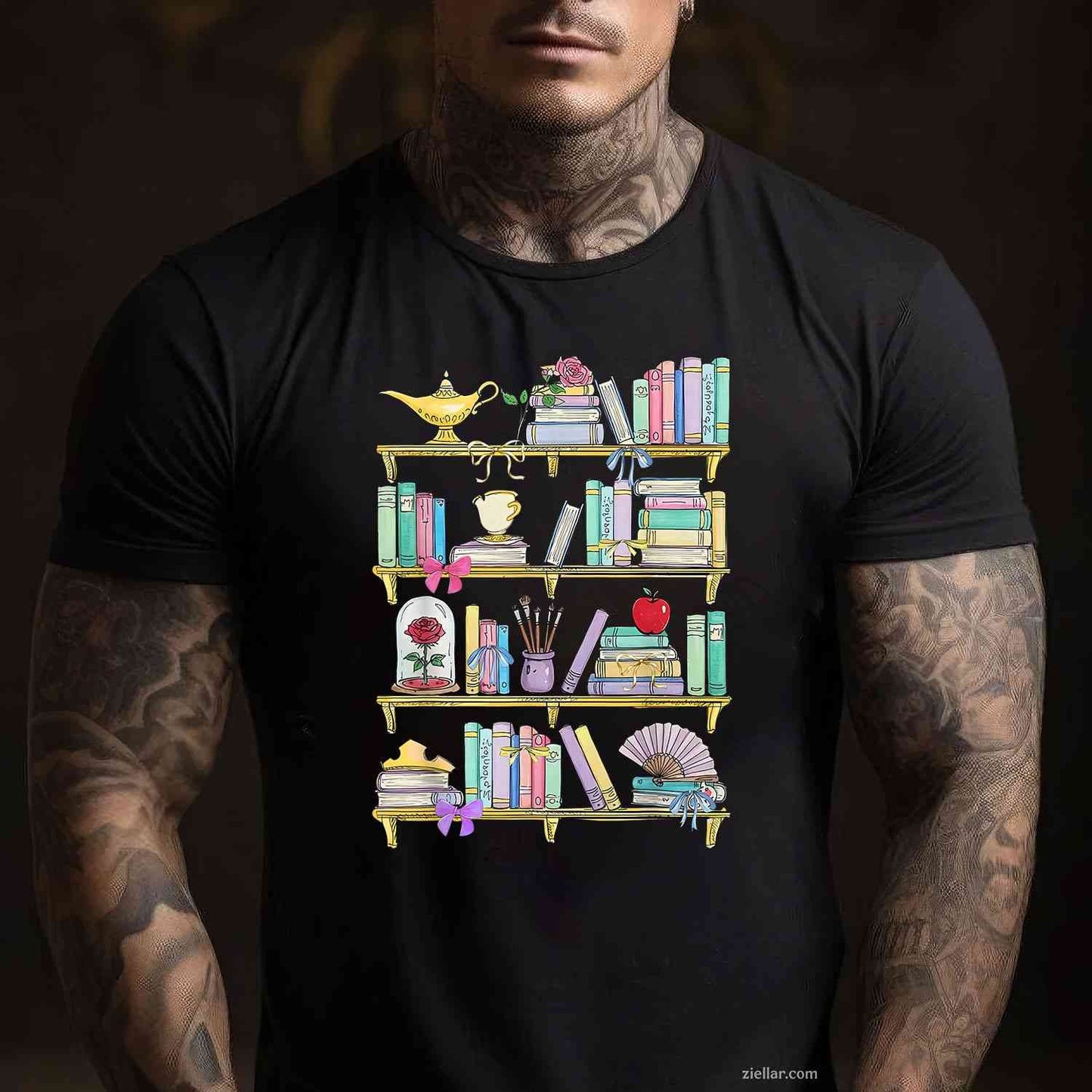 Belle'S Bookshelf Book Lover Coquette Reader T-Shirt, Vintage Graphic Tee For Women Adults