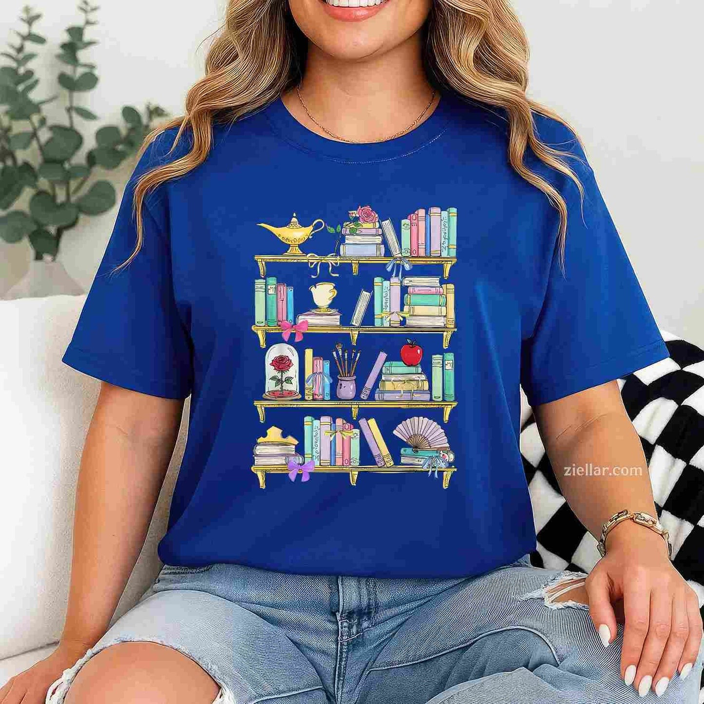Belle'S Bookshelf Book Lover Coquette Reader T-Shirt, Vintage Graphic Tee For Women Adults