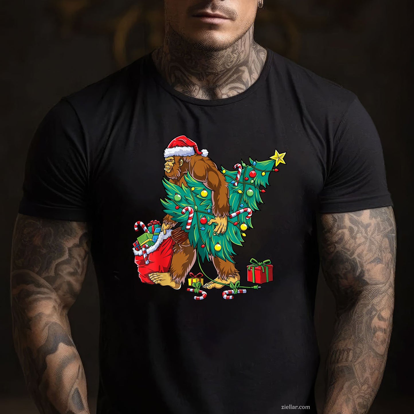 Bigfoot Christmas Lights Tee and T-Shirt, Funny Sasquatch Holiday T-Shirt for Men Adults